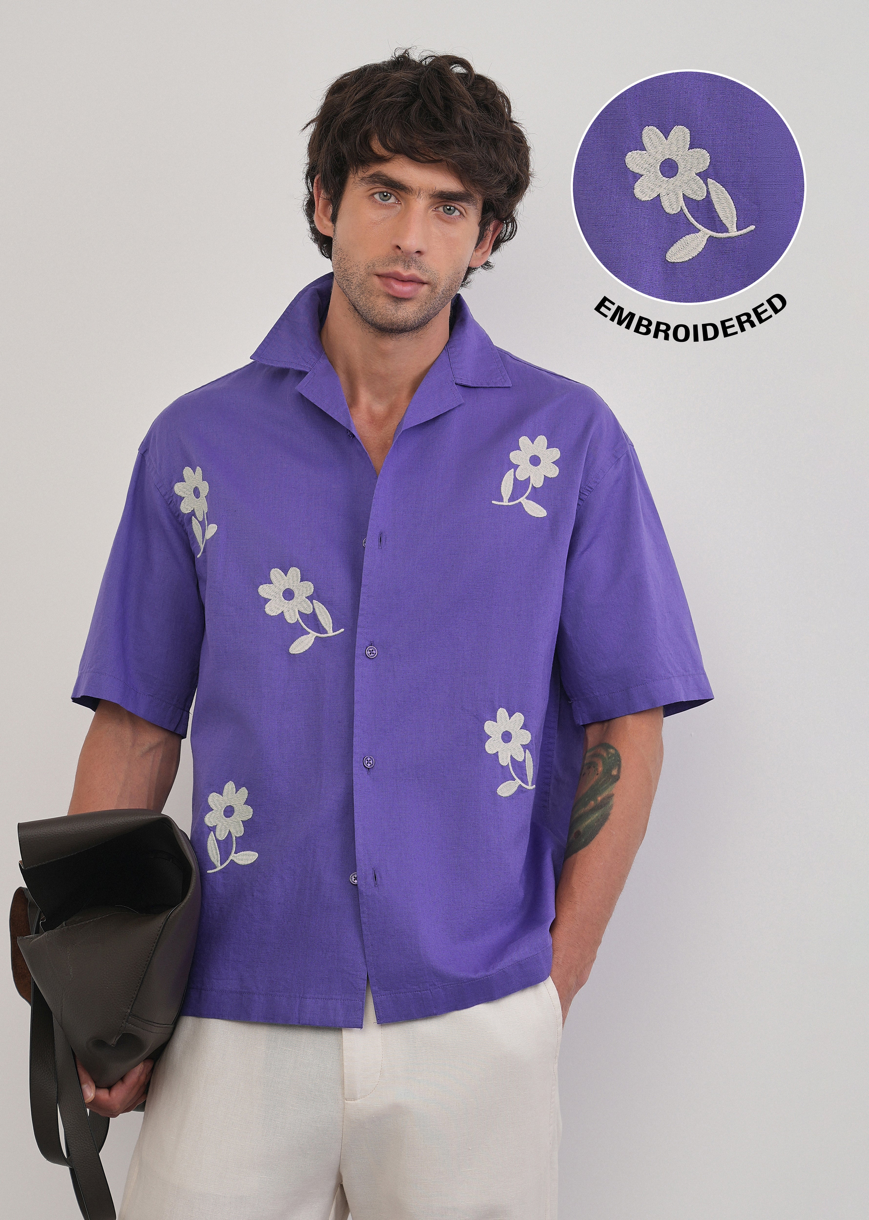 Lavender Floral Placement Embroidered Shirt