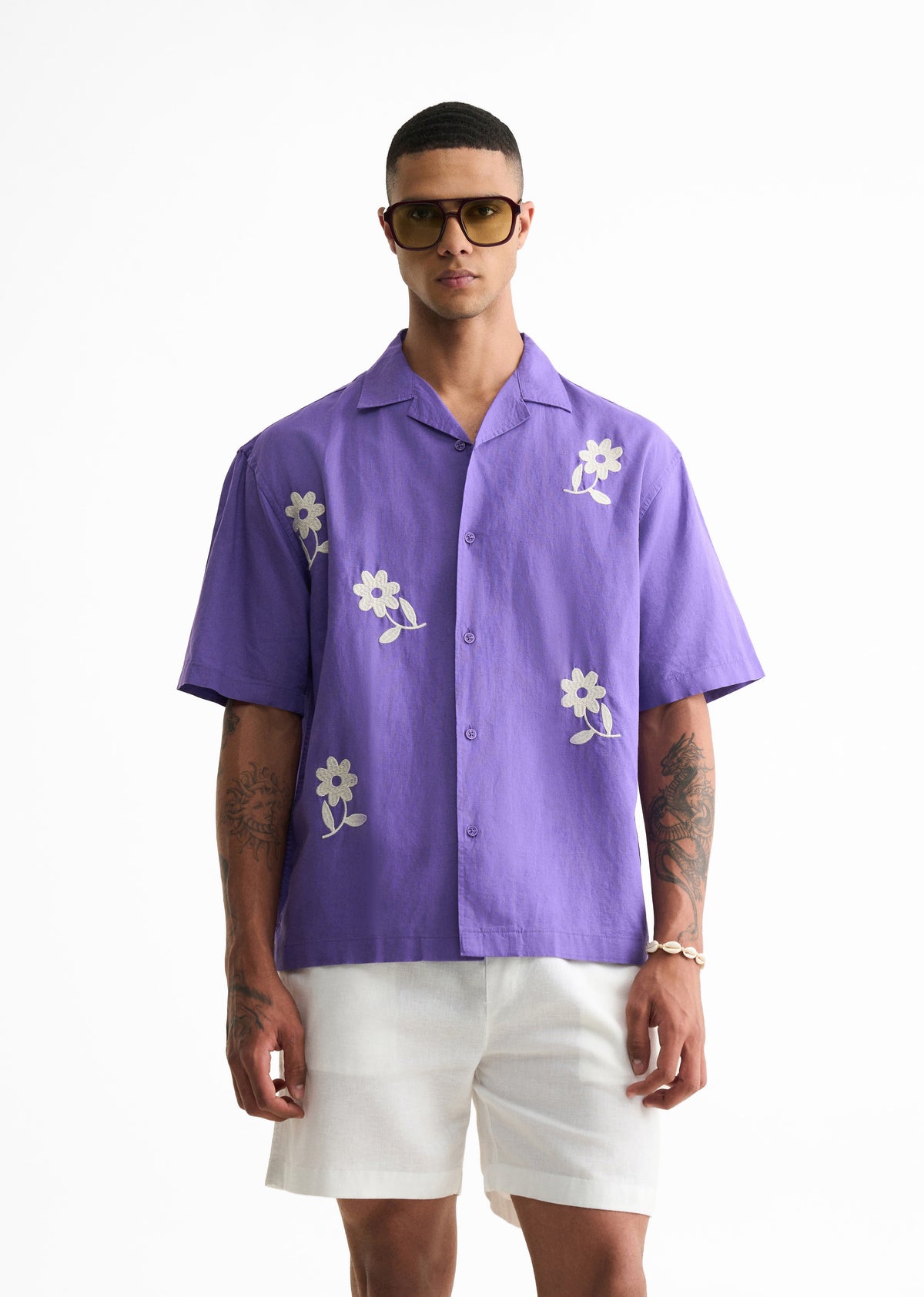 Lavender Floral Placement Embroidered Shirt