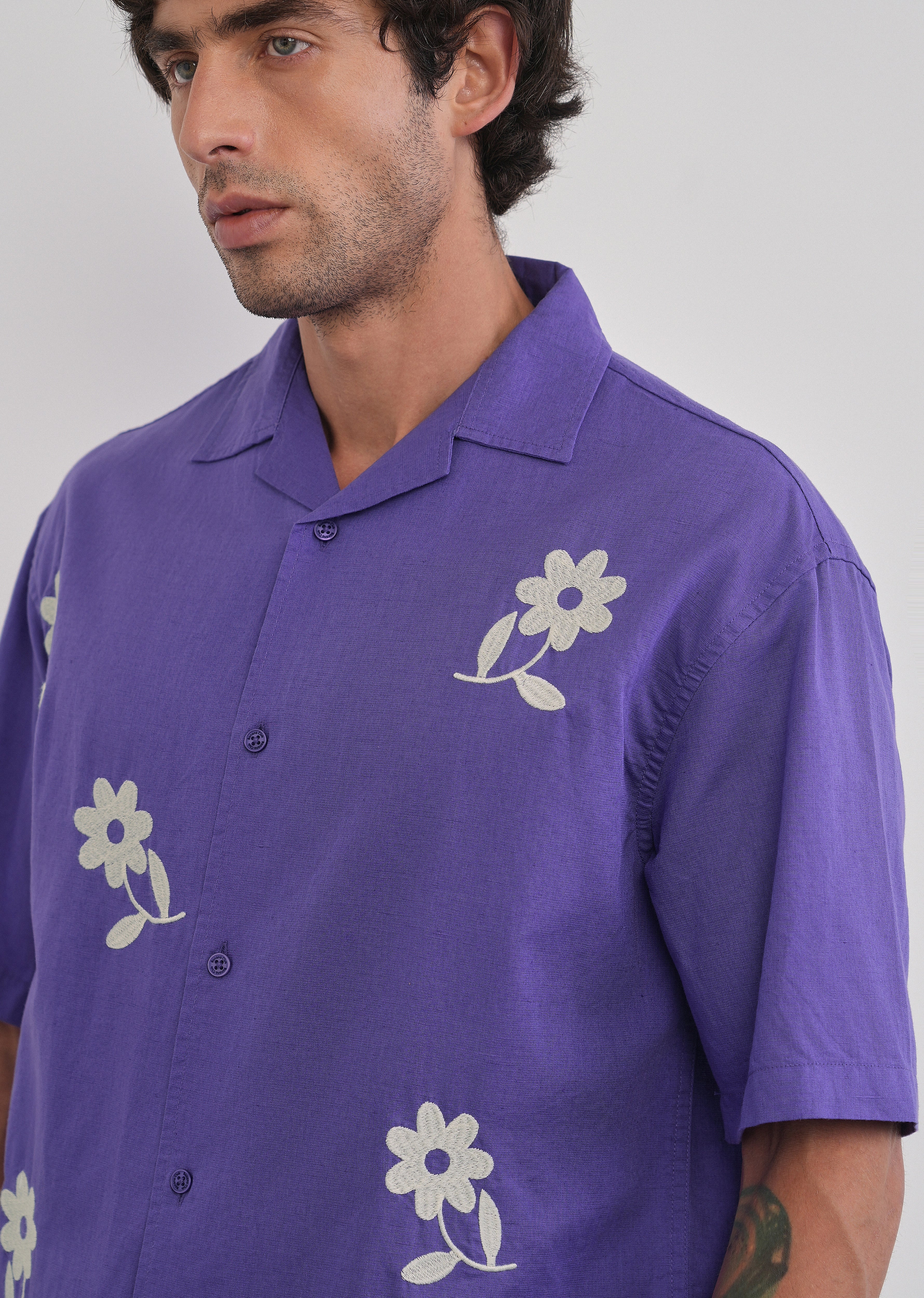 Lavender Floral Placement Embroidered Shirt