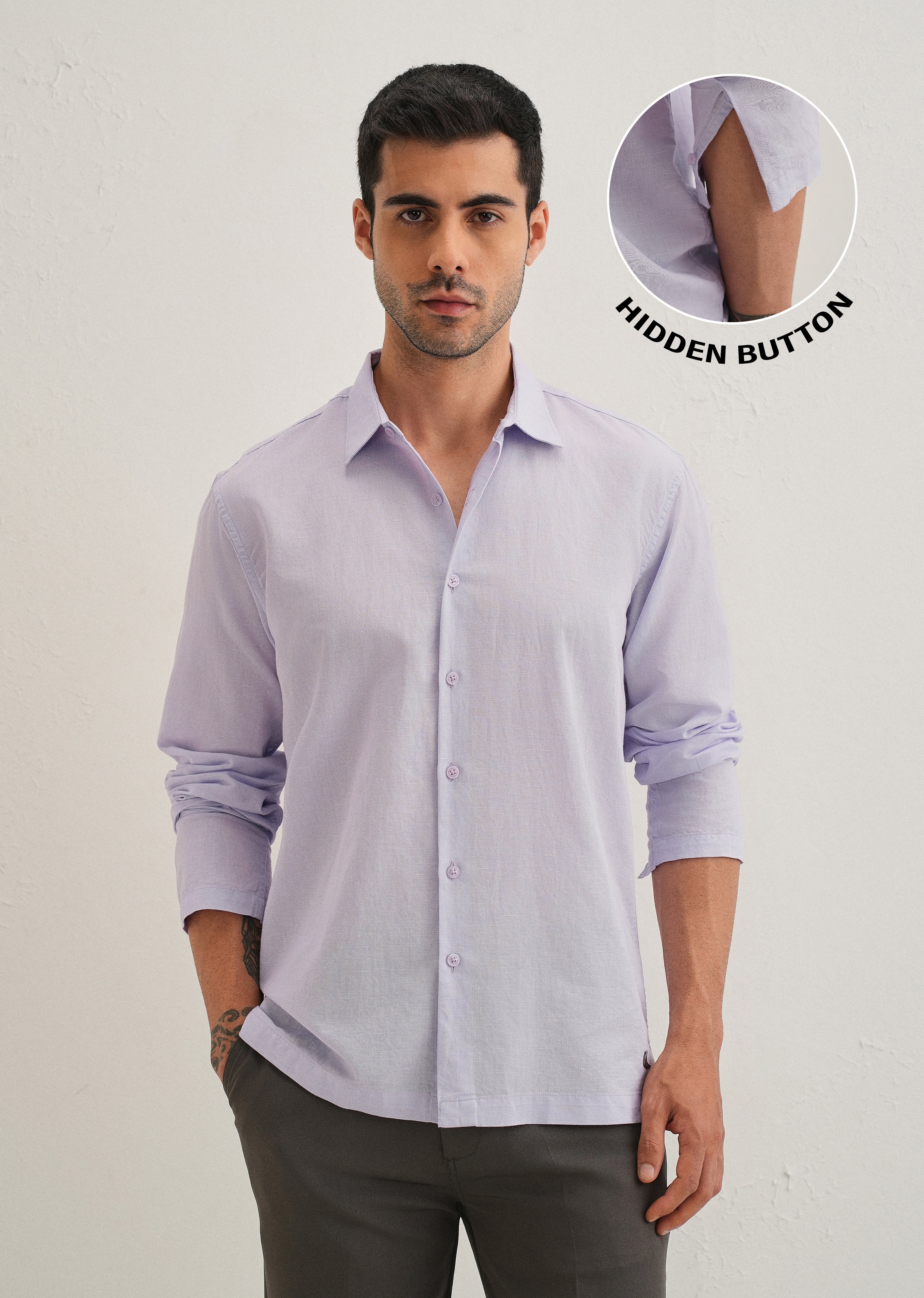 Lavender Hidden Sleeve Placket Cotton Linen Shirt