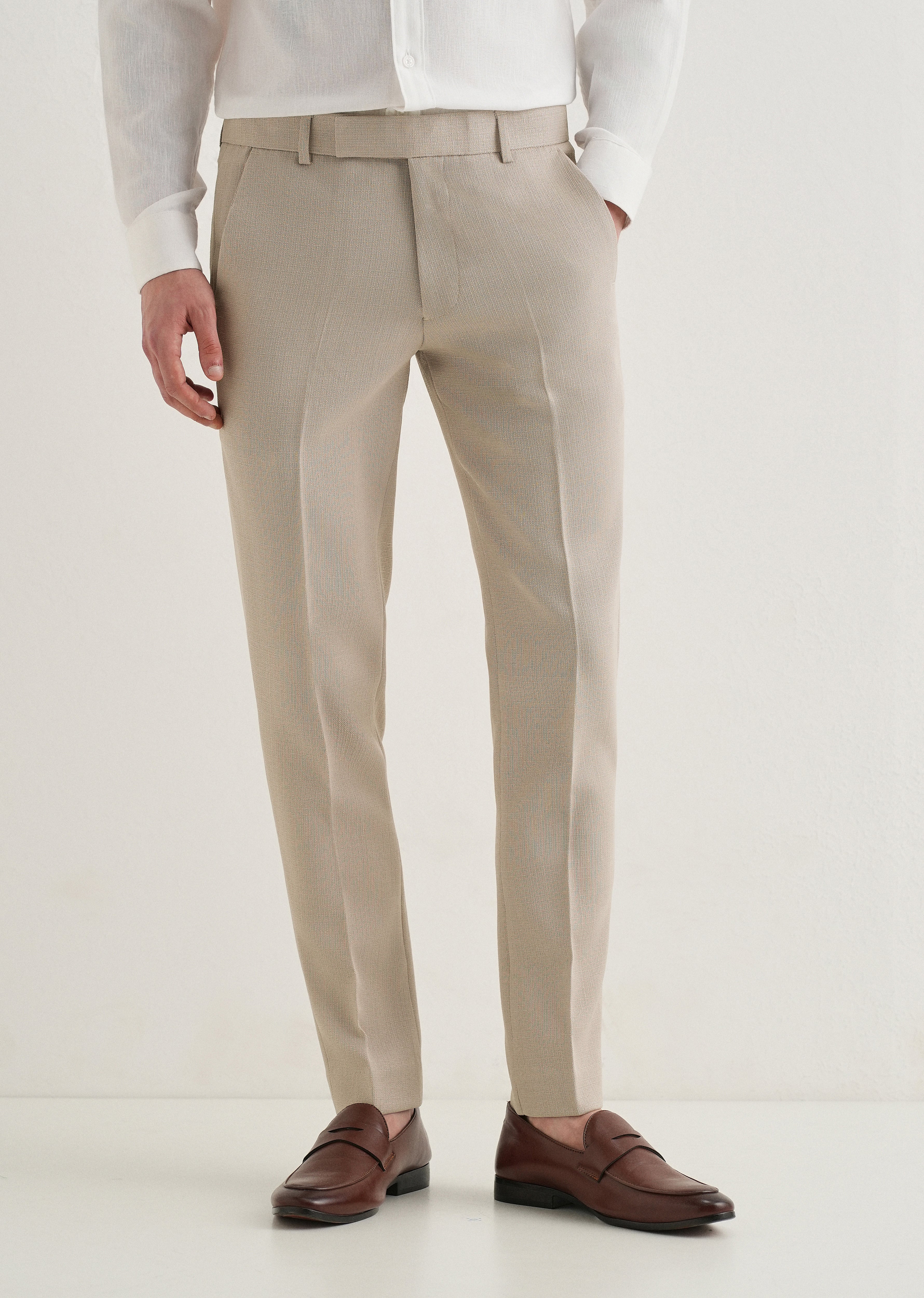 Light Beige Blended Linen Formal Trouser