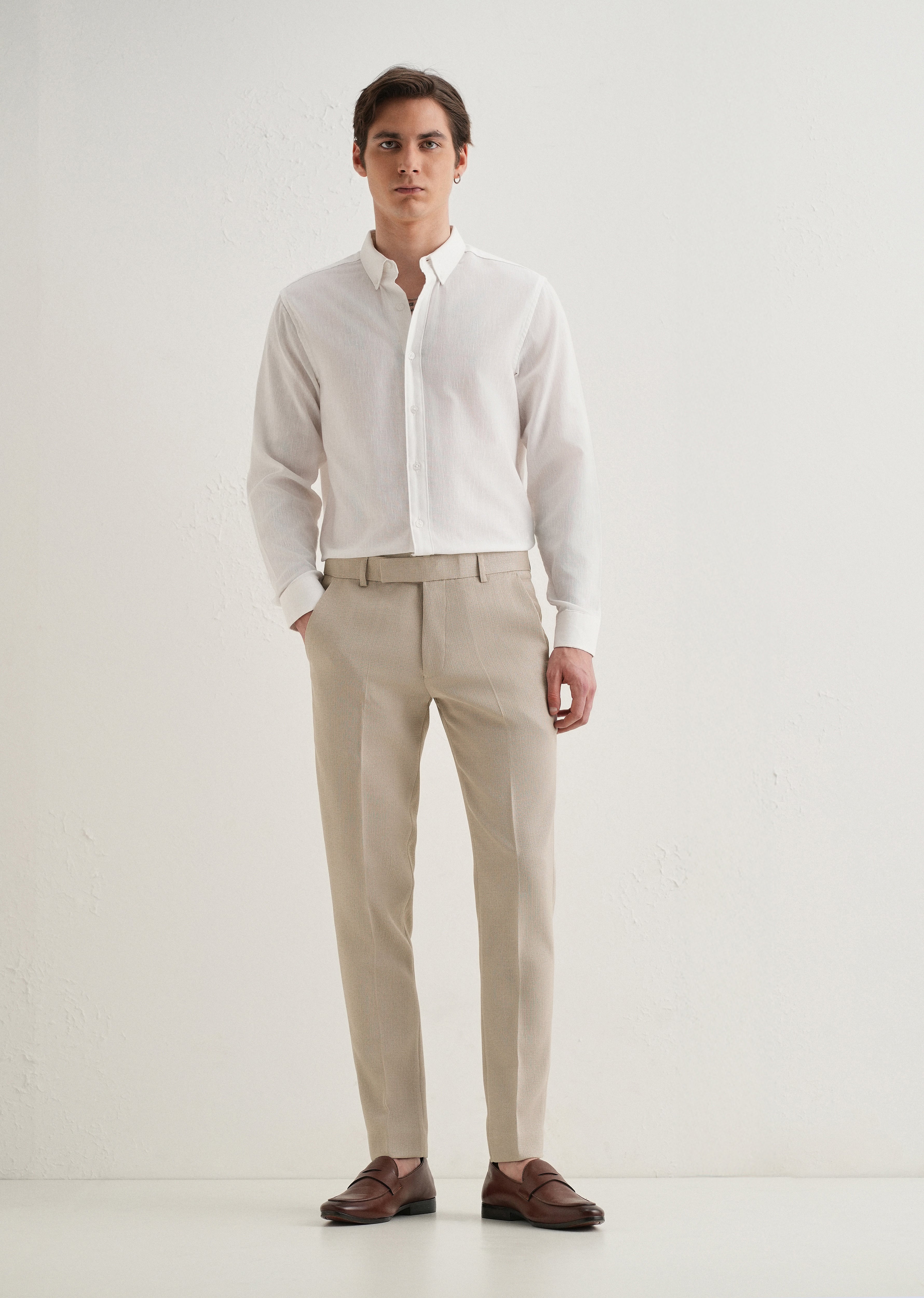 Light Beige Blended Linen Formal Trouser