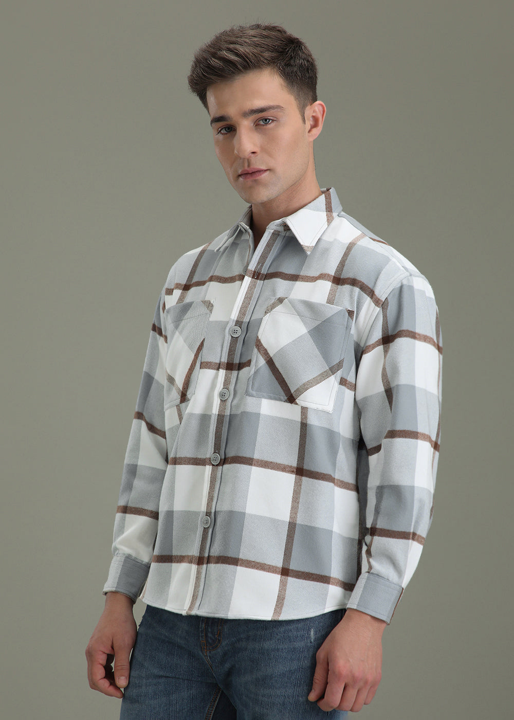 Light Blue Checked Relaxed Fit Shacket