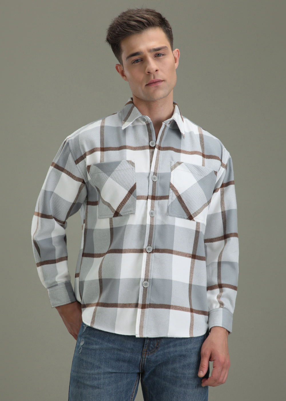 Light Blue Checked Relaxed Fit Shacket