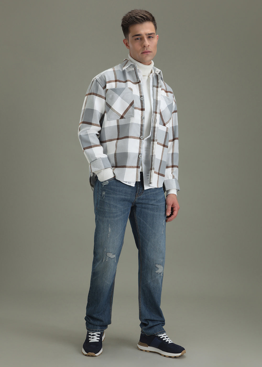 Light Blue Checked Relaxed Fit Shacket