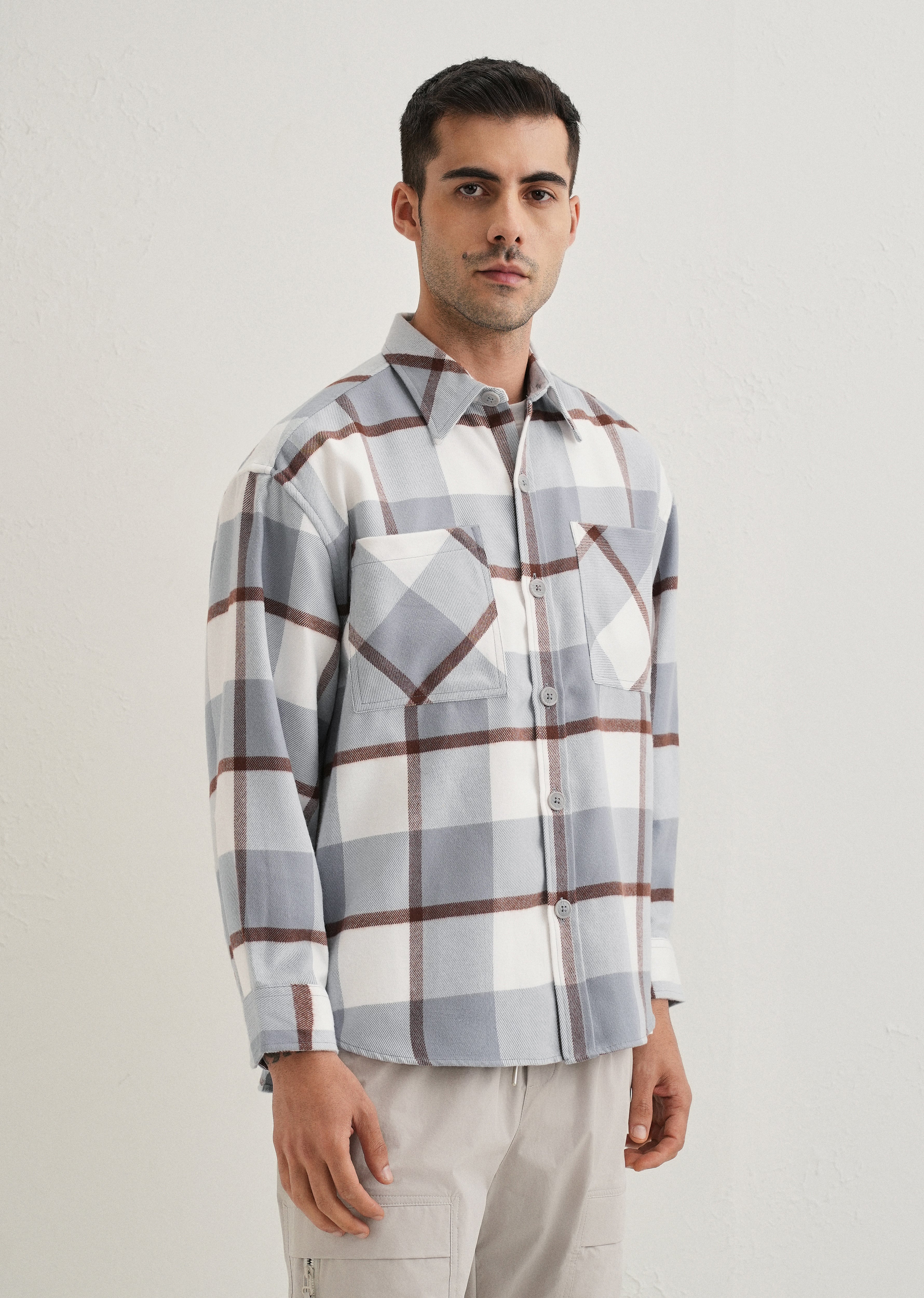 Light Blue Checked Relaxed Fit Shacket