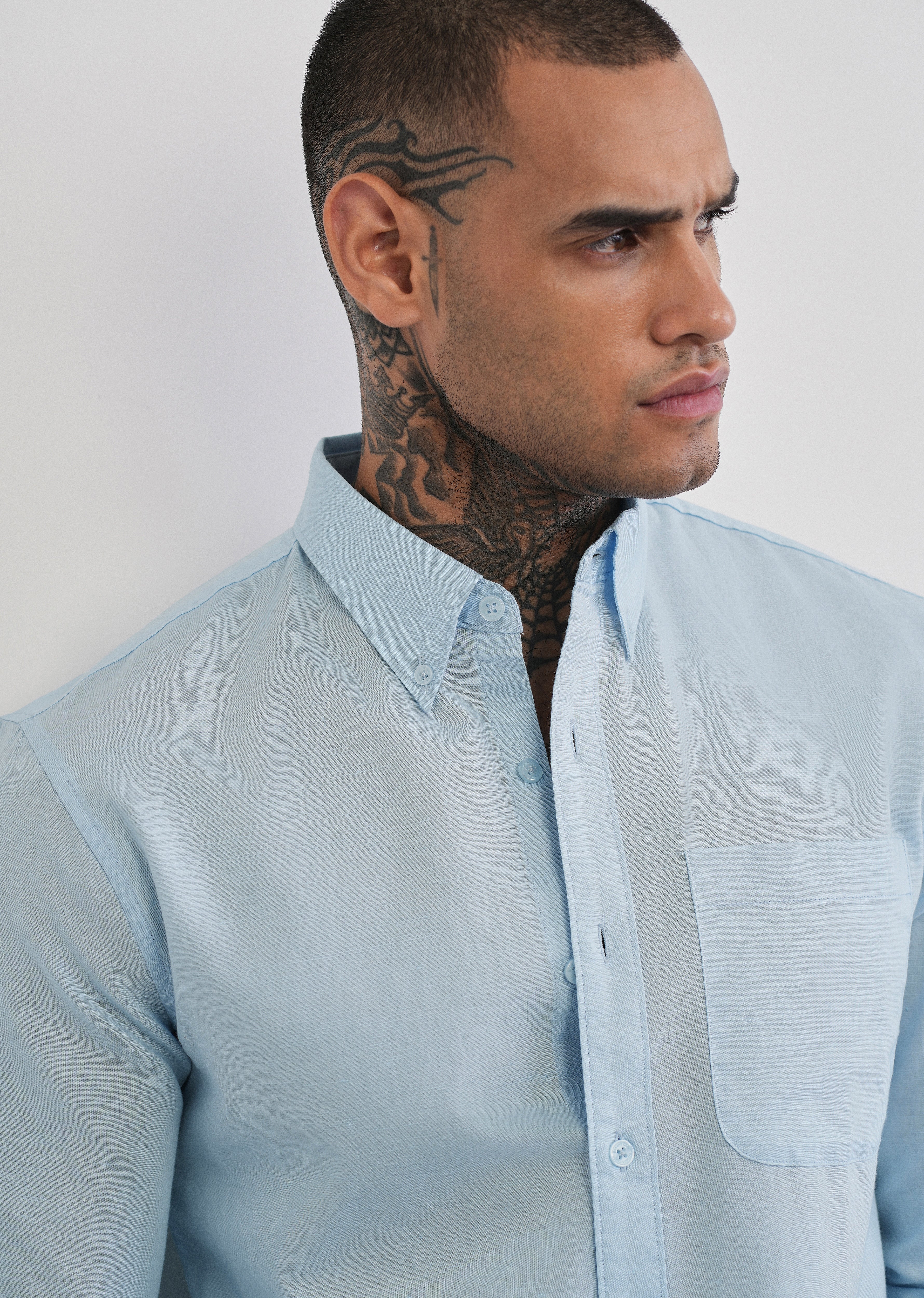 Light Blue Cotton Linen Plain Shirt