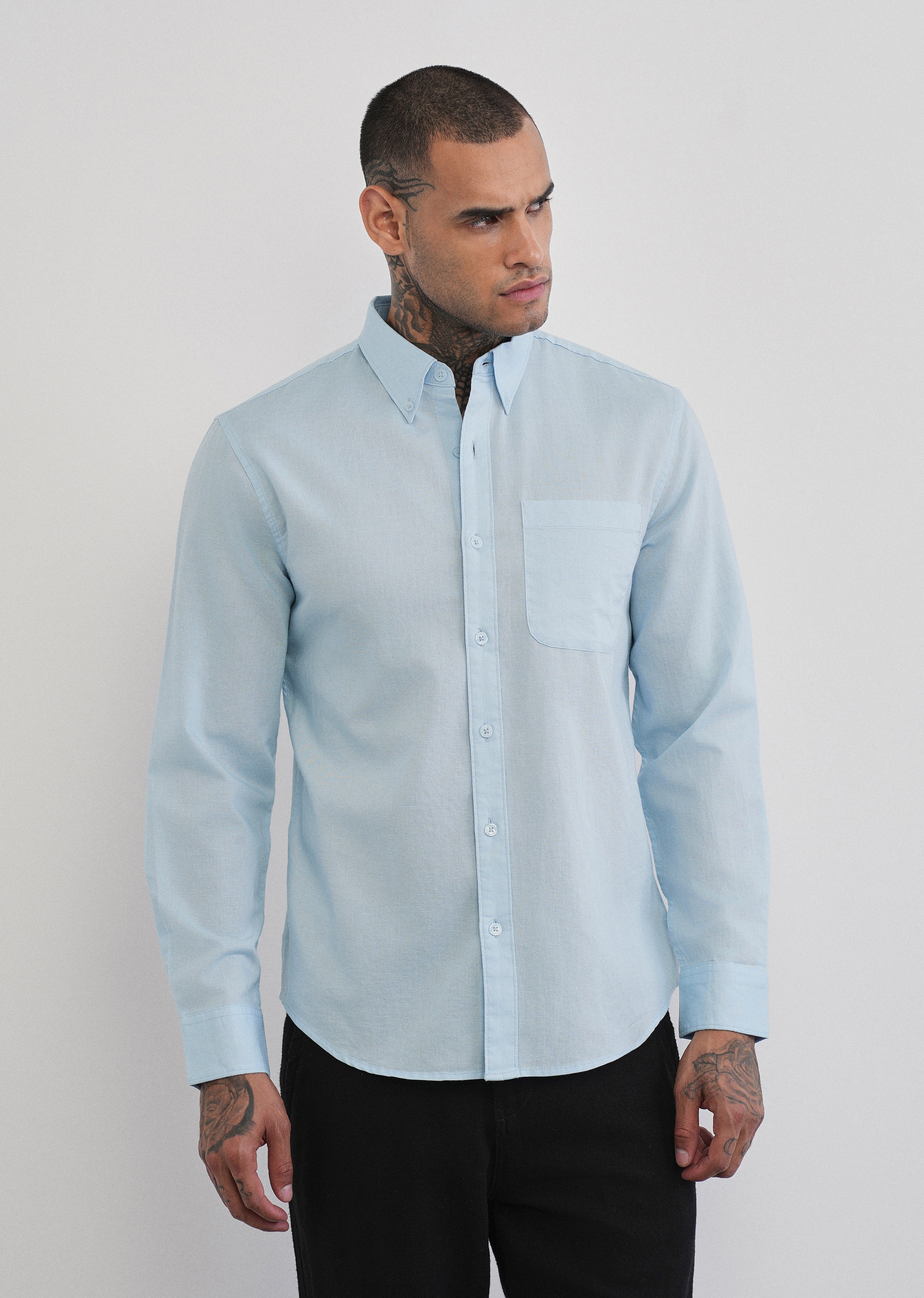 Light Blue Cotton Linen Plain Shirt
