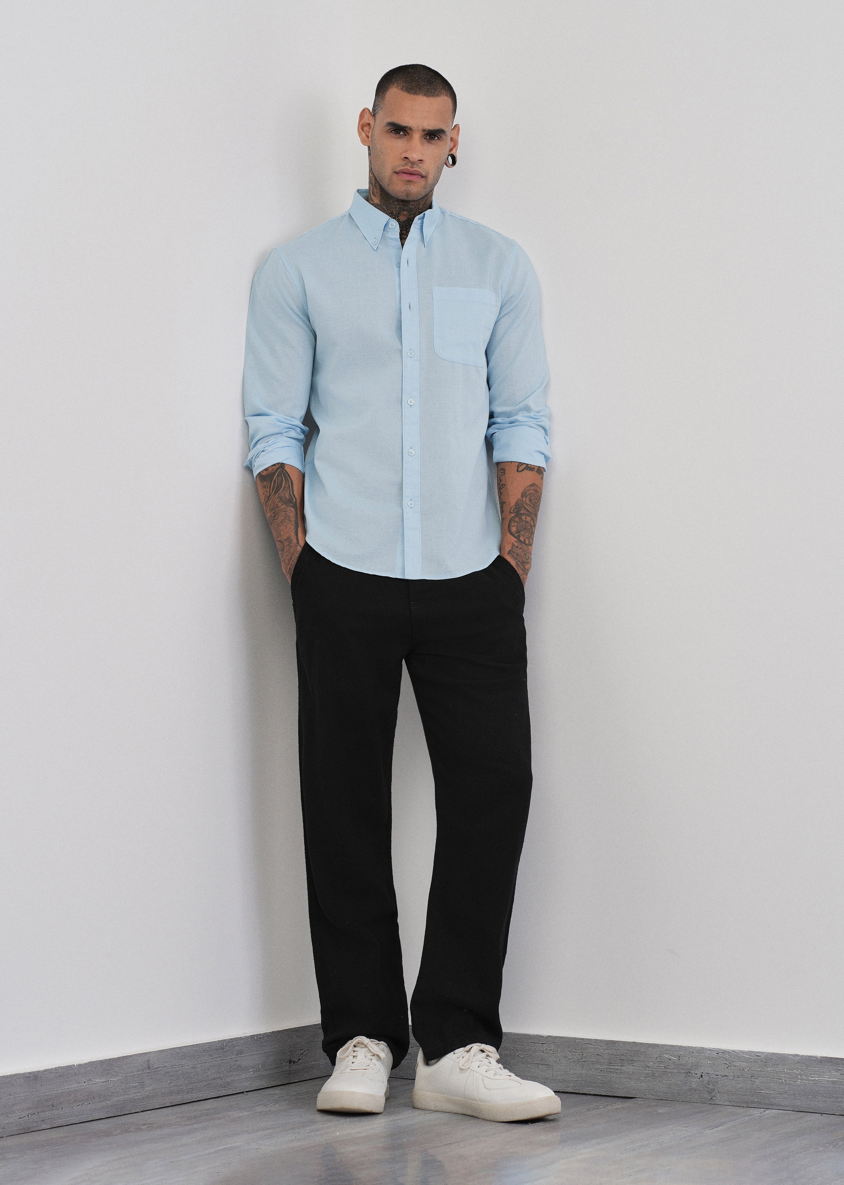 Light Blue Cotton Linen Plain Shirt