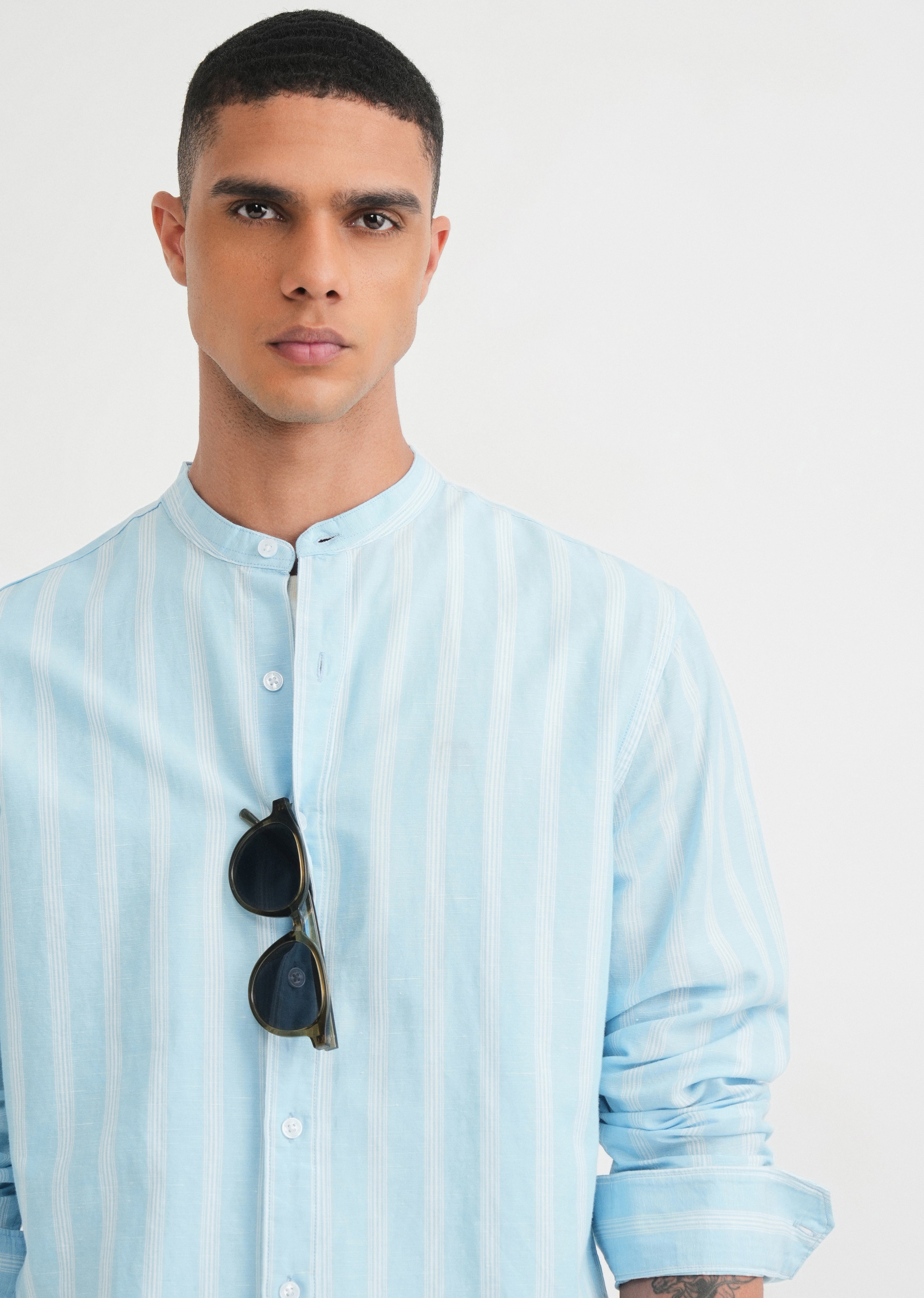 Light Blue Cotton Linen Stripe Shirt