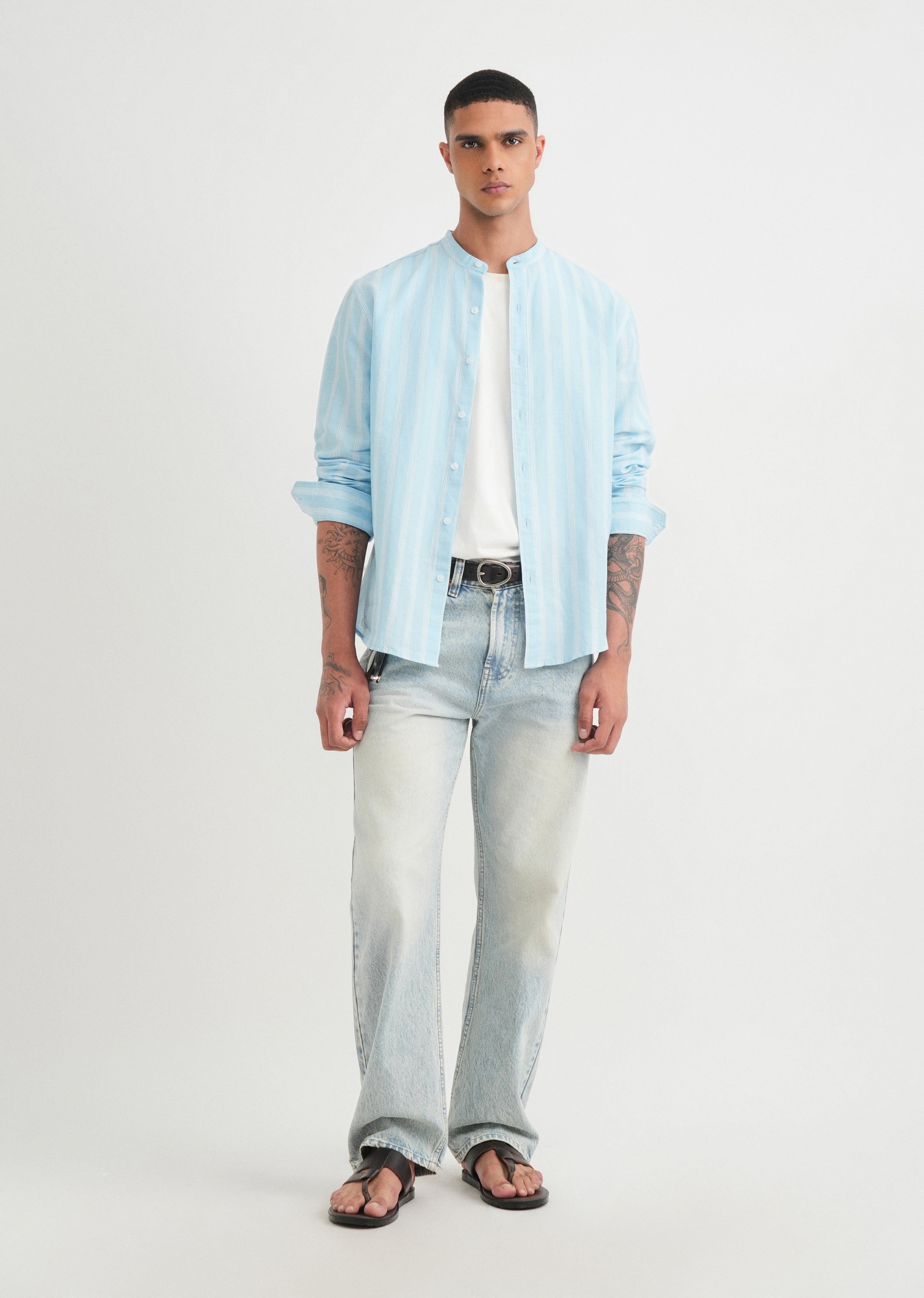 Light Blue Cotton Linen Stripe Shirt