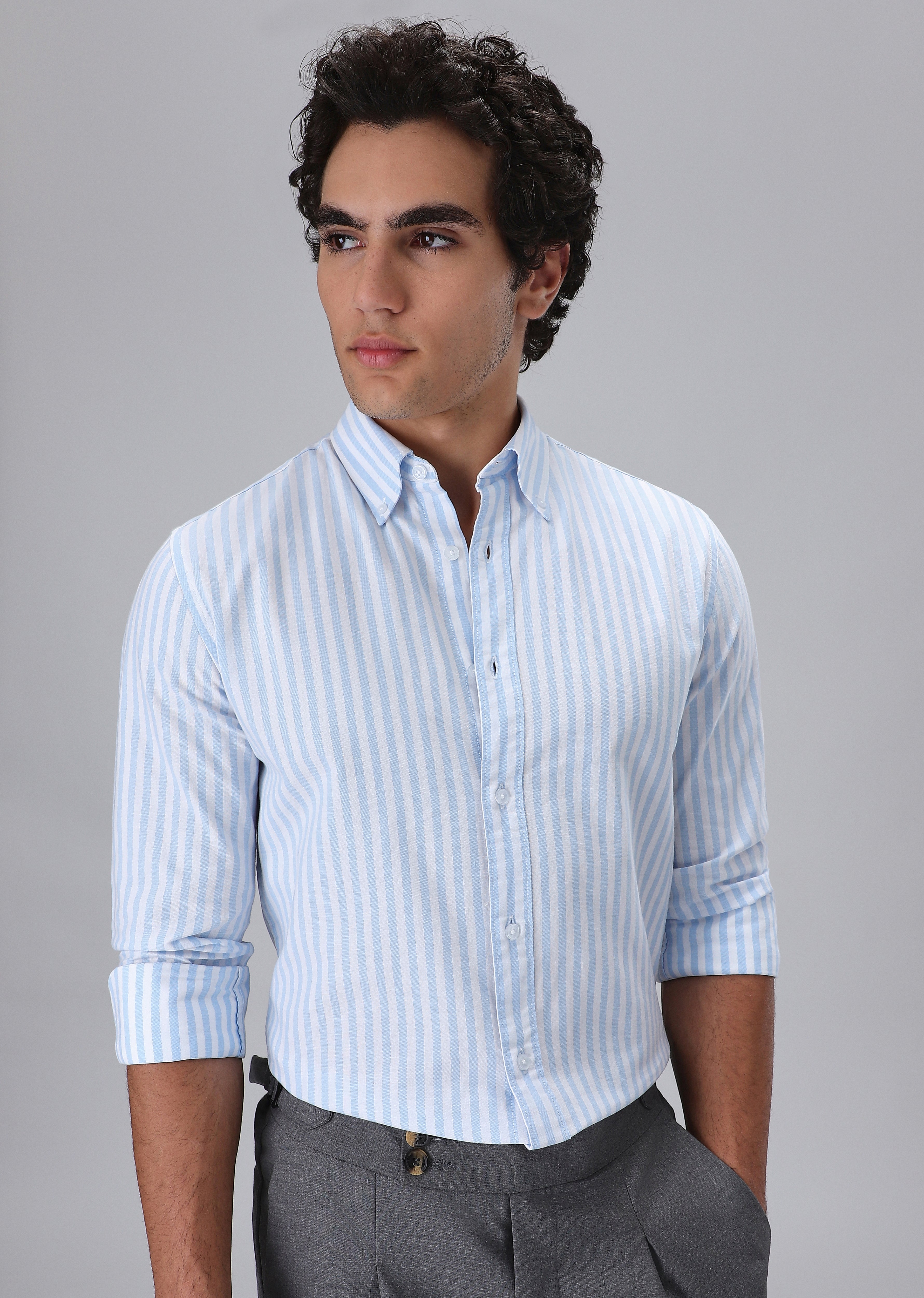 Light Blue Cotton Oxford Stripe Shirt