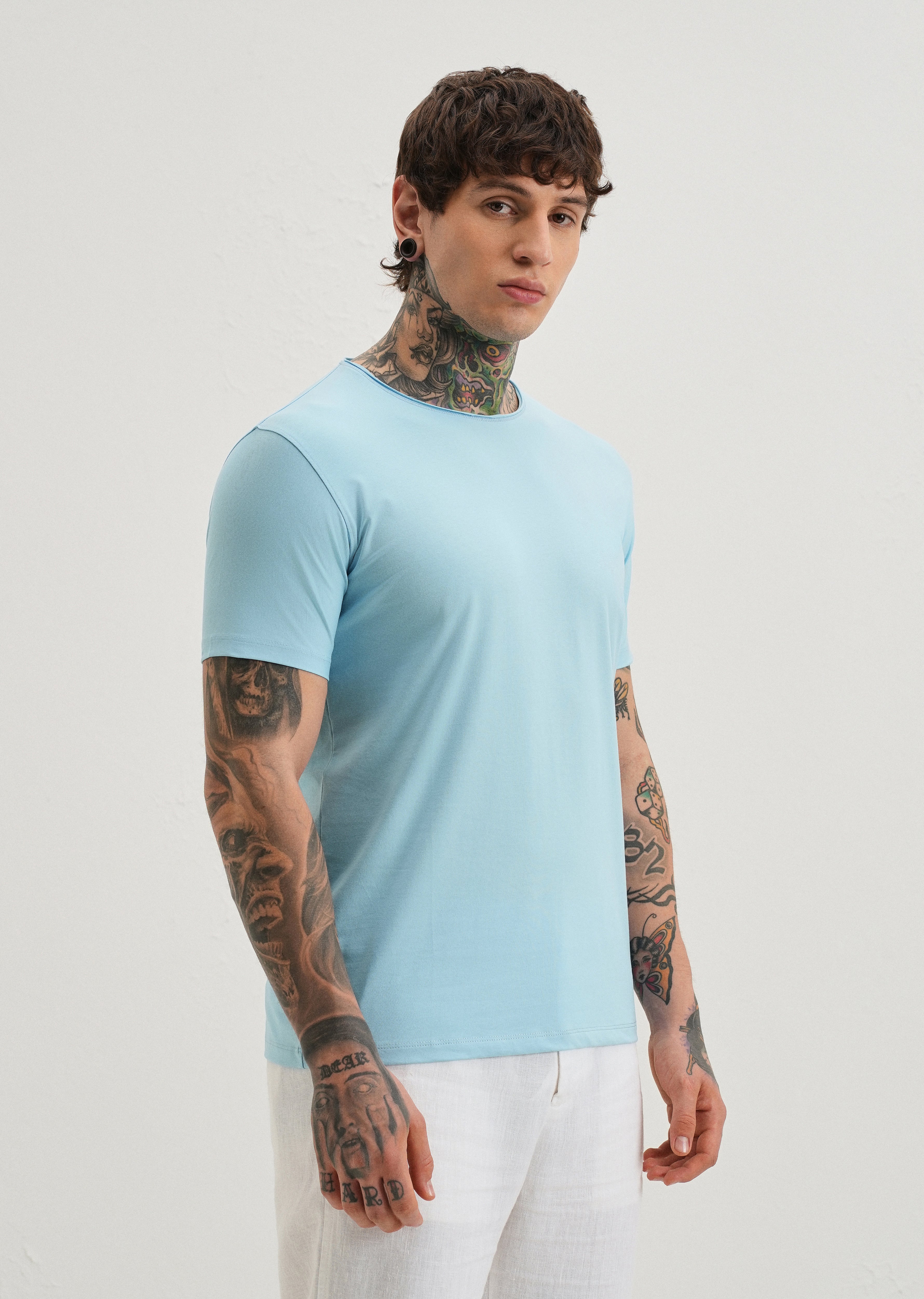 Light Blue Plain Crew neck T-shirt