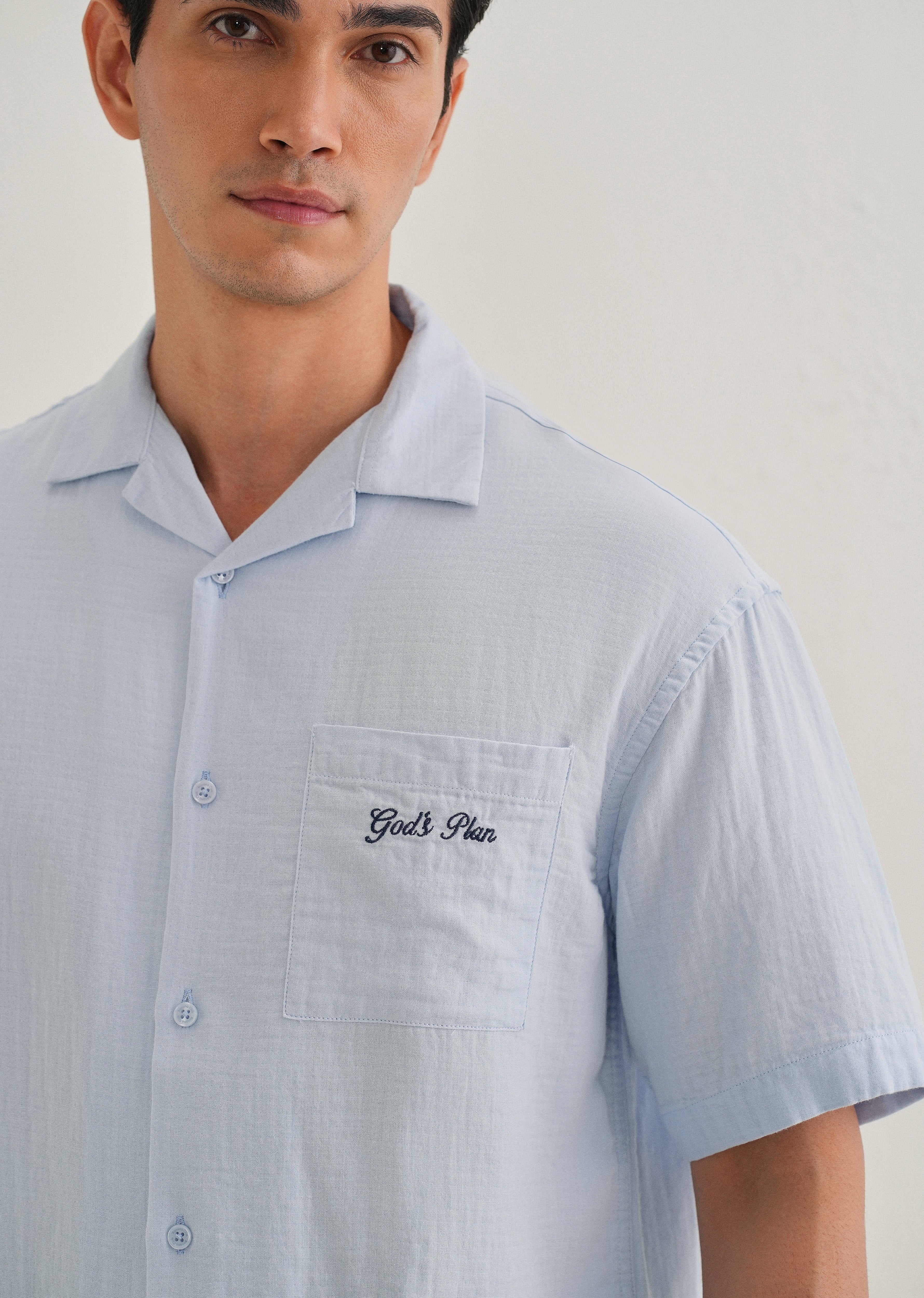 Light Blue Embroidered Double Cloth Cotton Shirt