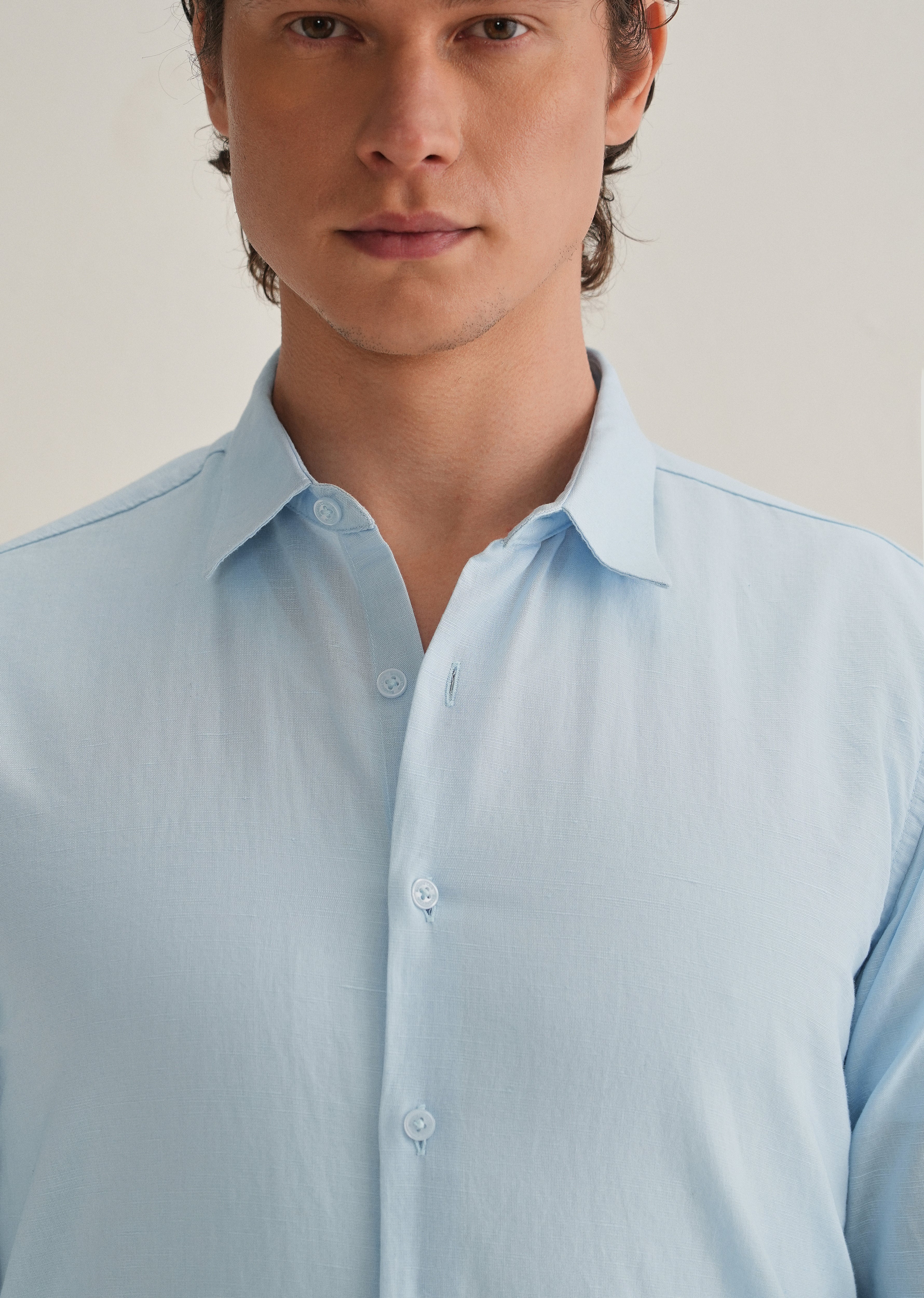 Light Blue Hidden Sleeve Placket Cotton Linen Shirt