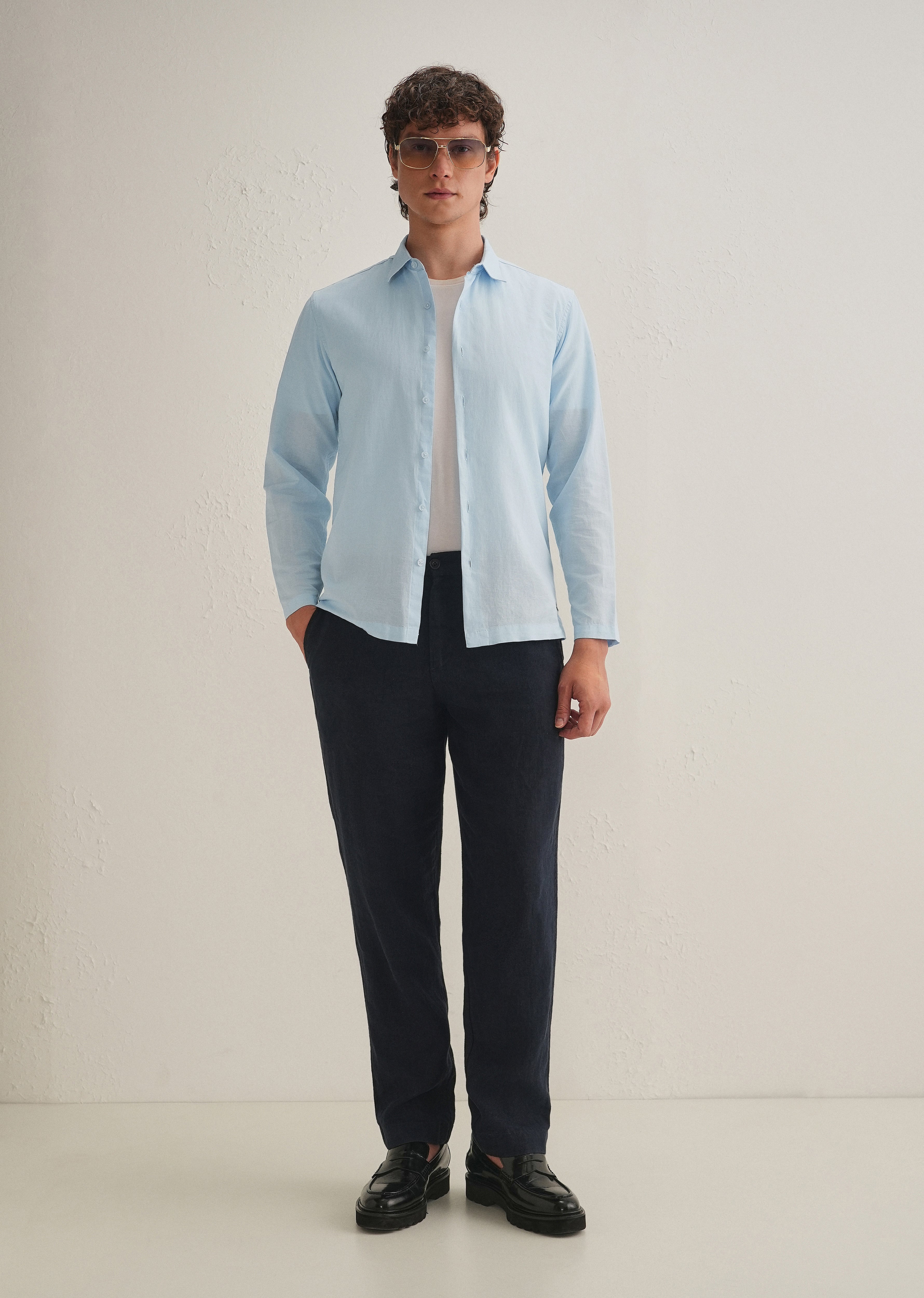 Light Blue Hidden Sleeve Placket Cotton Linen Shirt