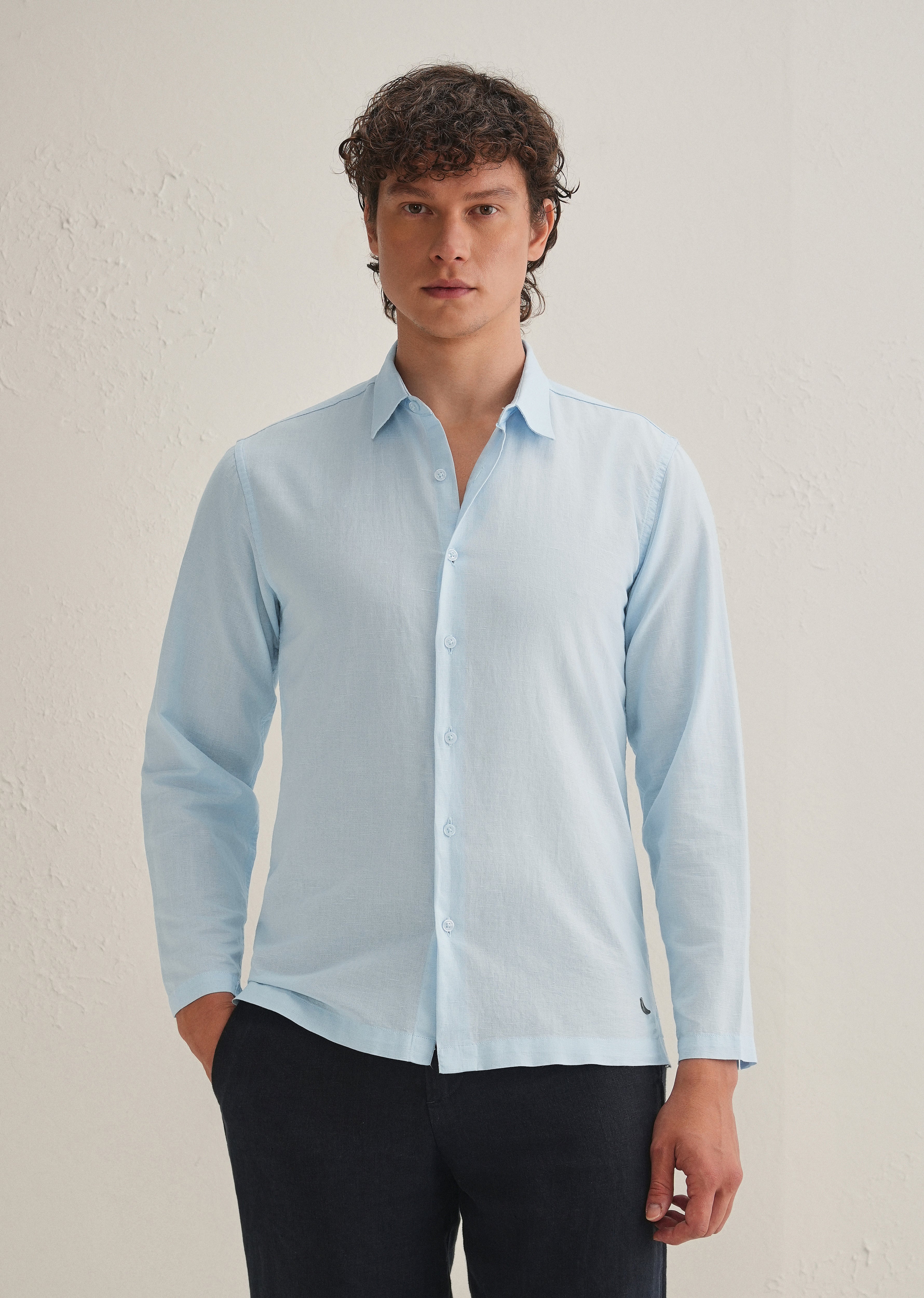 Light Blue Hidden Sleeve Placket Cotton Linen Shirt