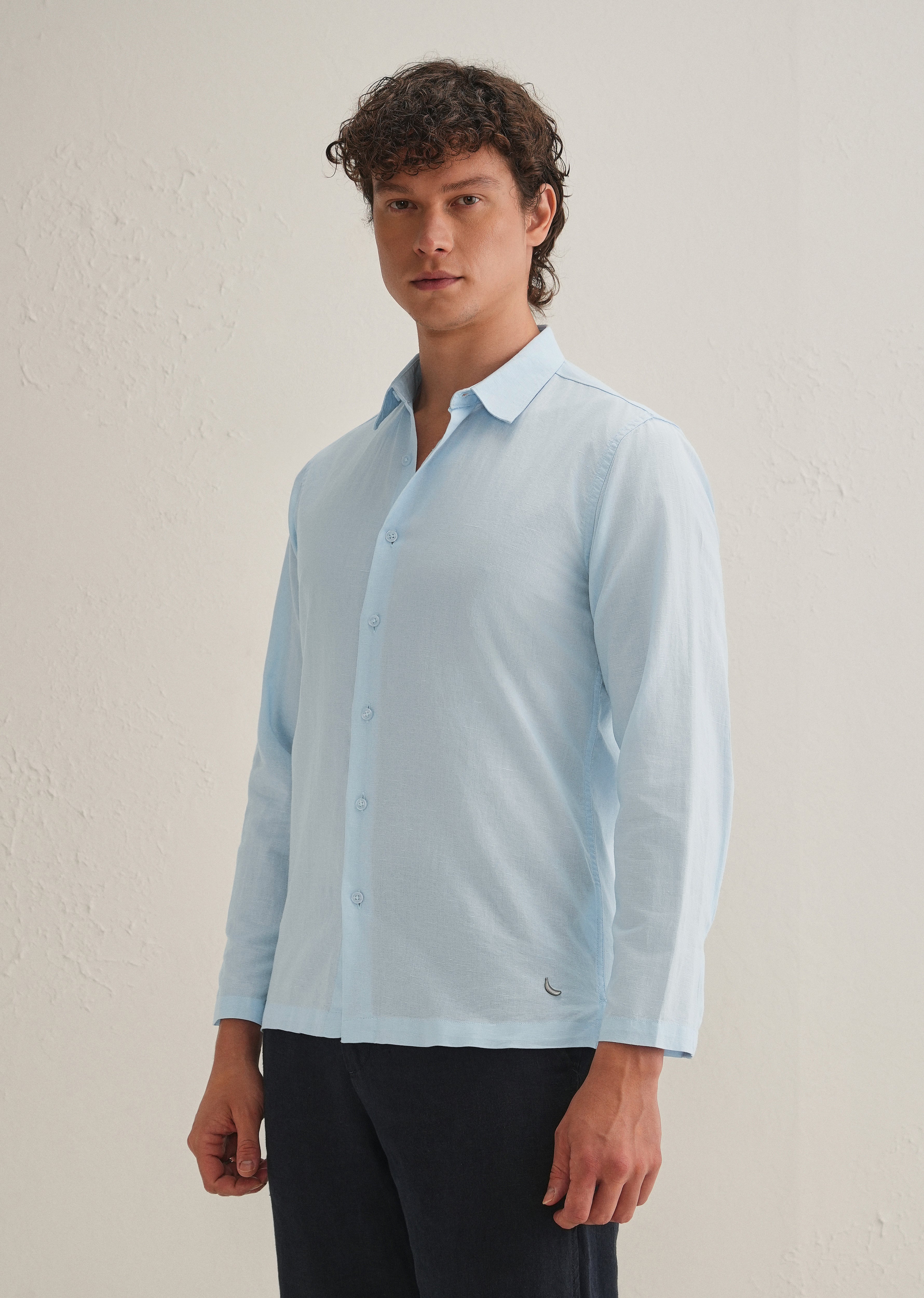 Light Blue Hidden Sleeve Placket Cotton Linen Shirt