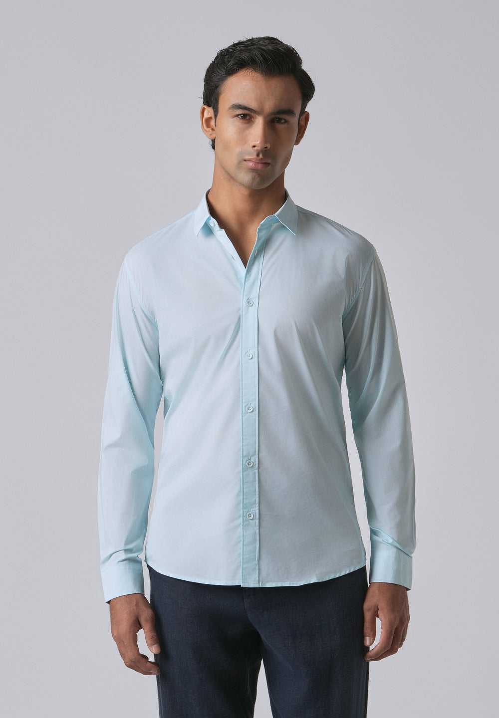 Light Blue Plain Blended Cotton Shirt