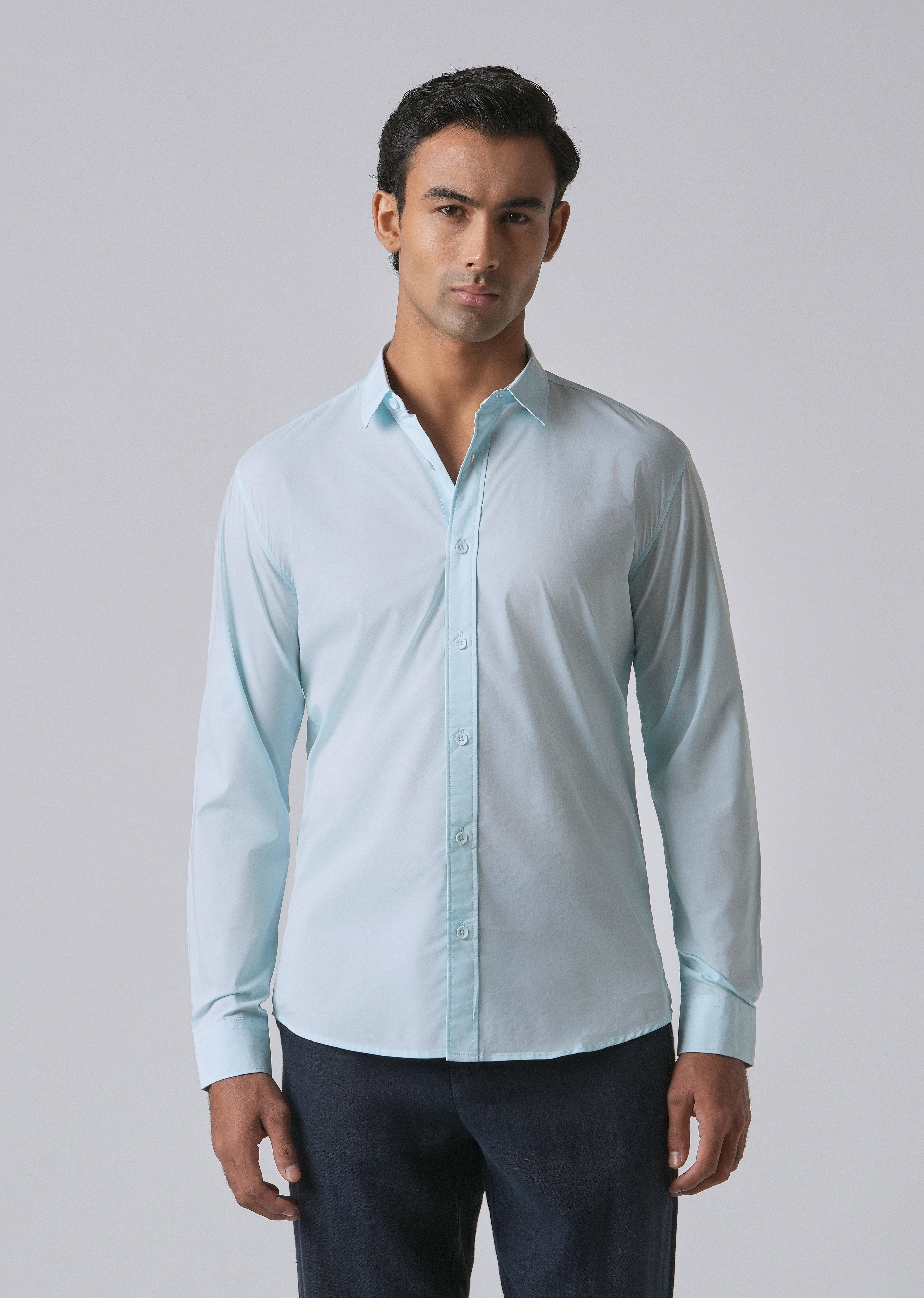 Light Blue Plain Blended Cotton Shirt
