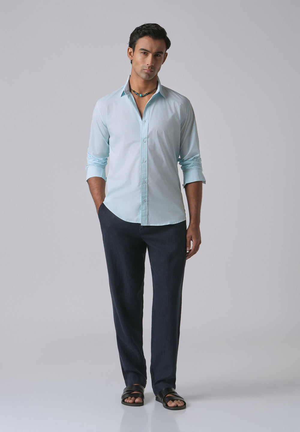 Light Blue Plain Blended Cotton Shirt