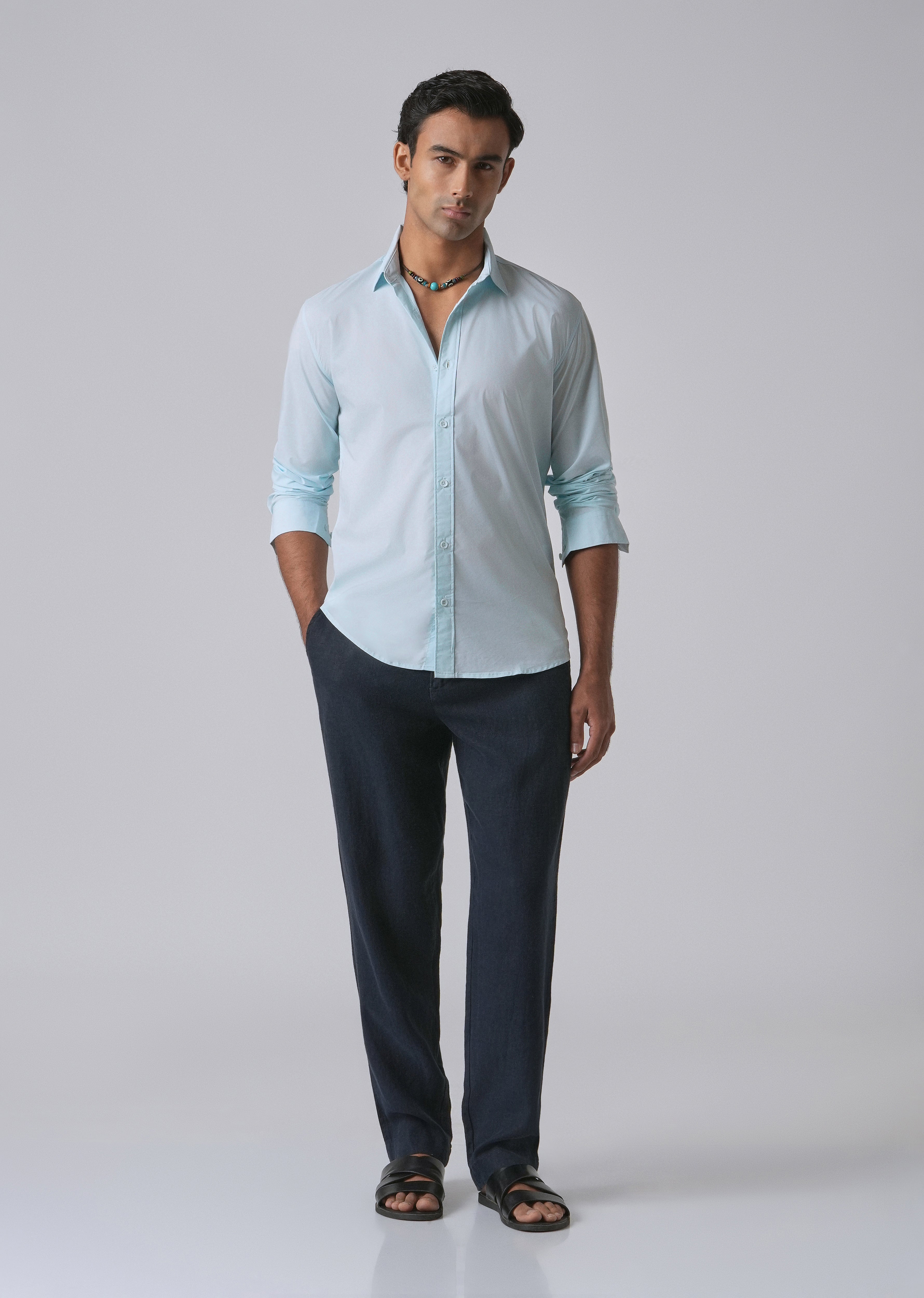 Light Blue Plain Blended Cotton Shirt