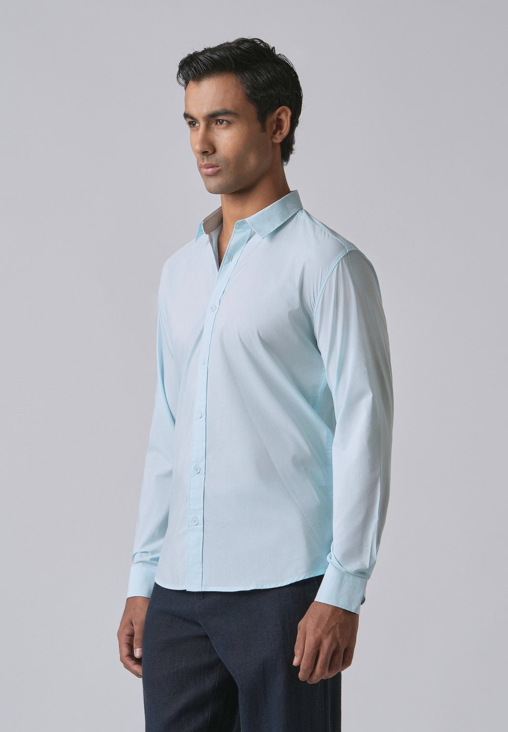 Light Blue Plain Blended Cotton Shirt