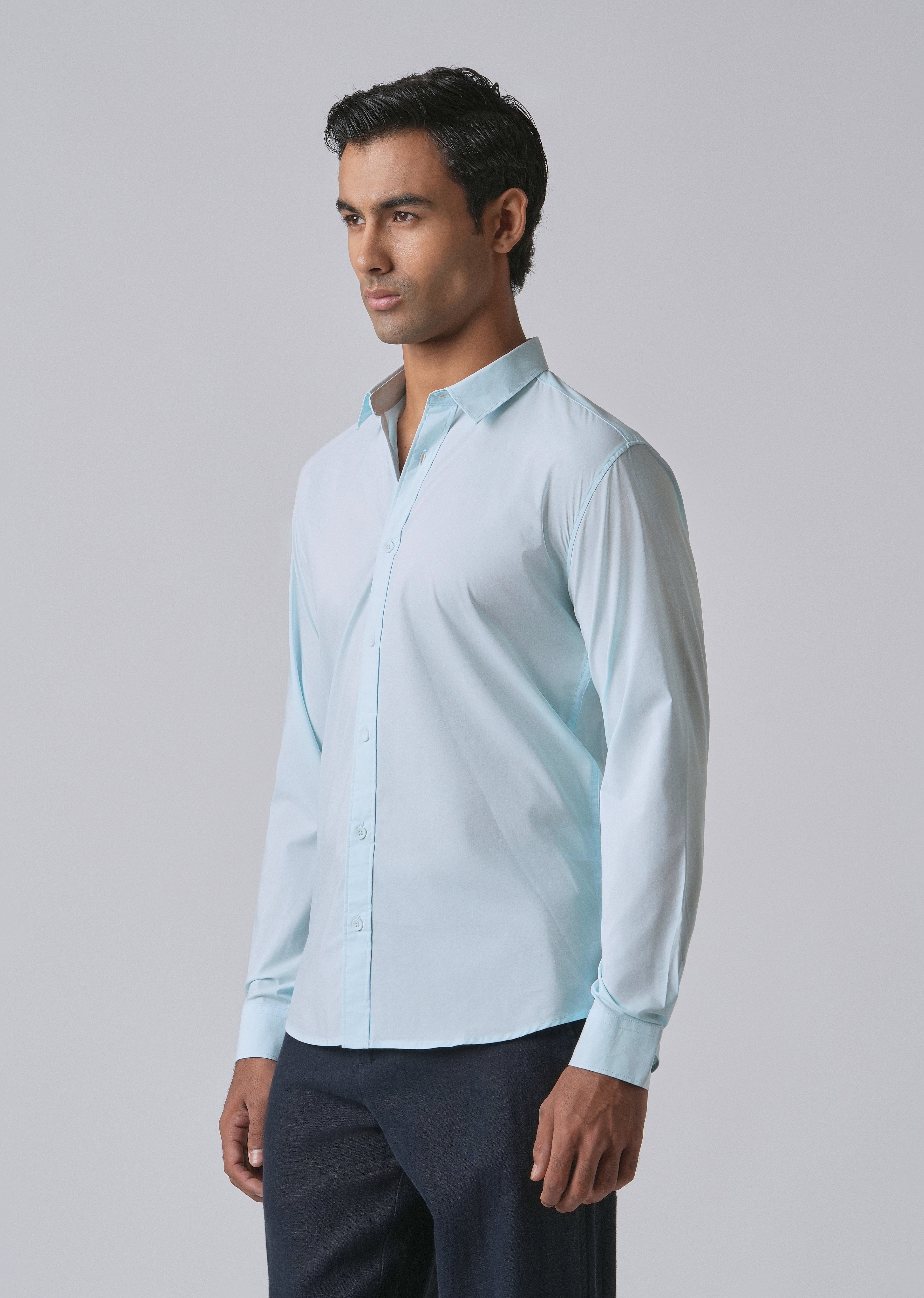 Light Blue Plain Blended Cotton Shirt