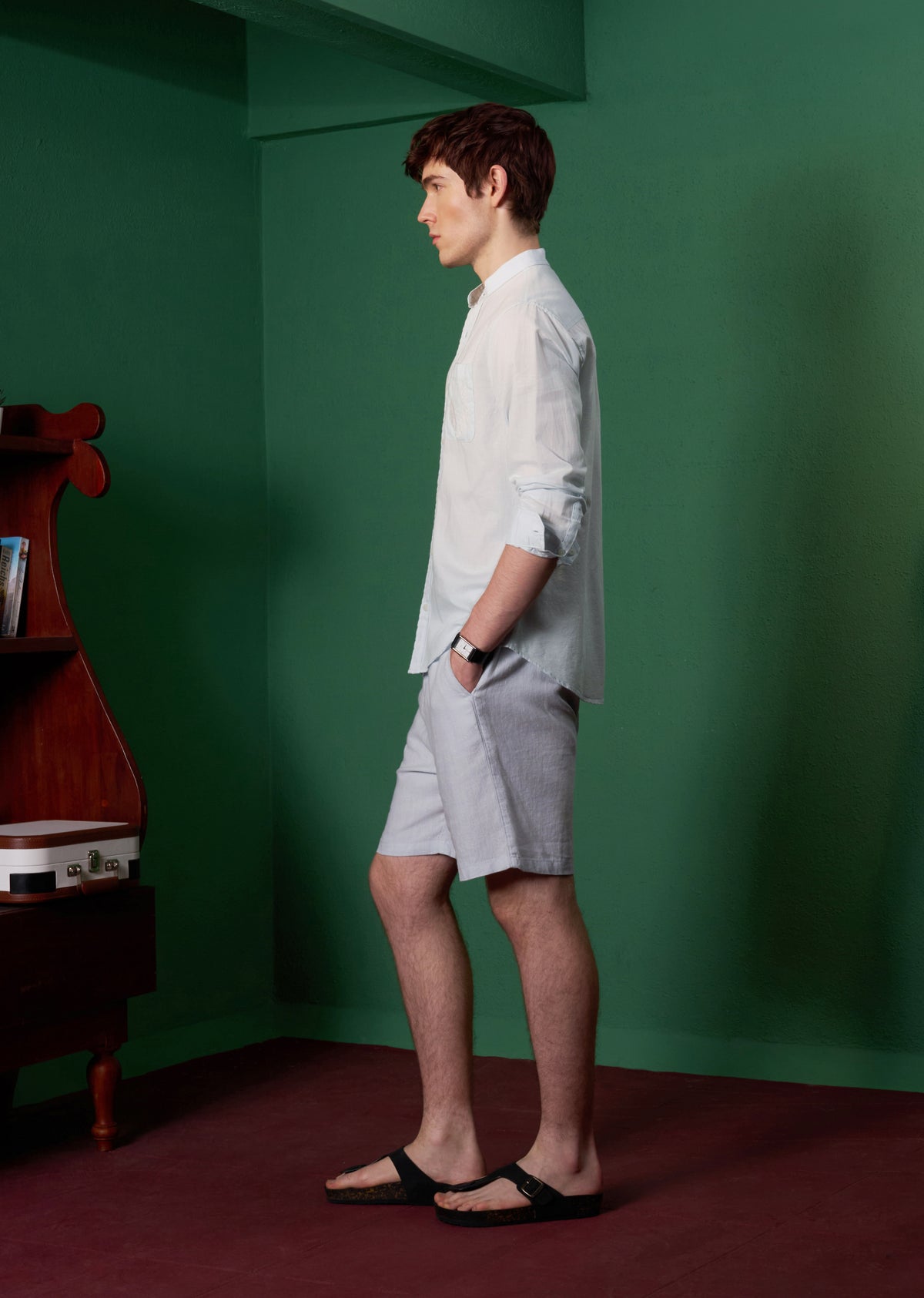 Light Blue Pocket Embroidery Linen Shirt