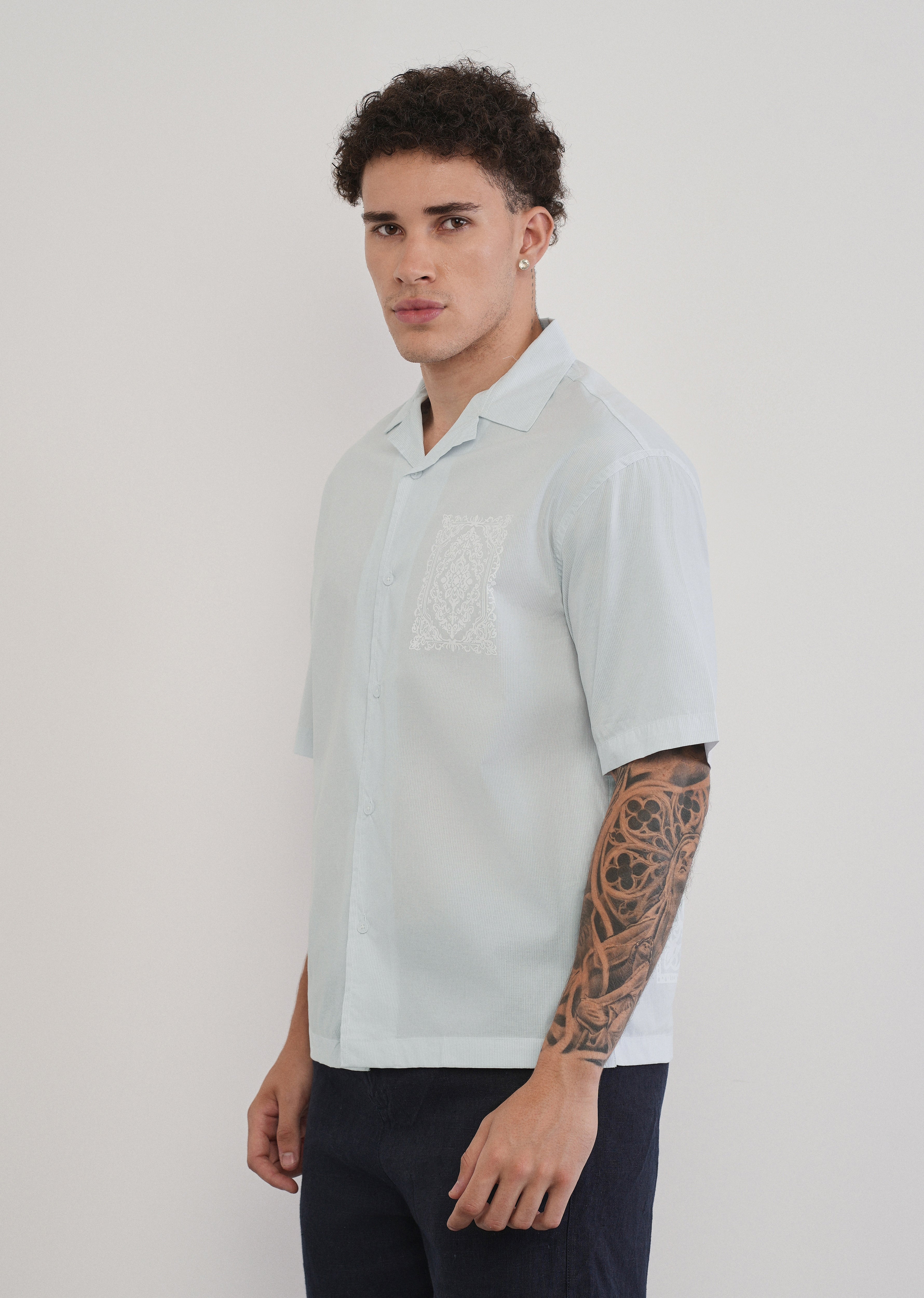 Light Blue Printed Cotton Stripe Shirt