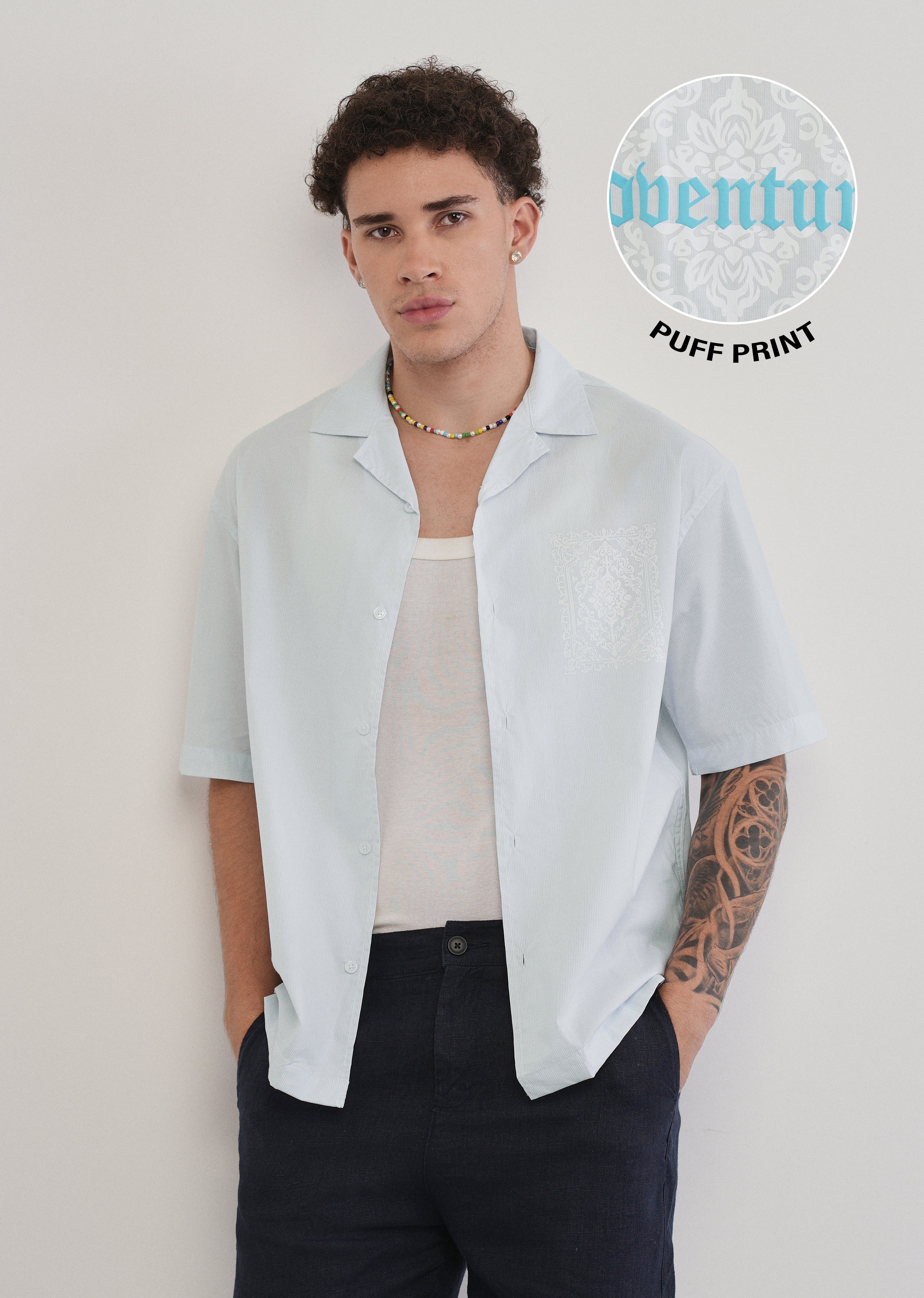 Light Blue Printed Cotton Stripe Shirt