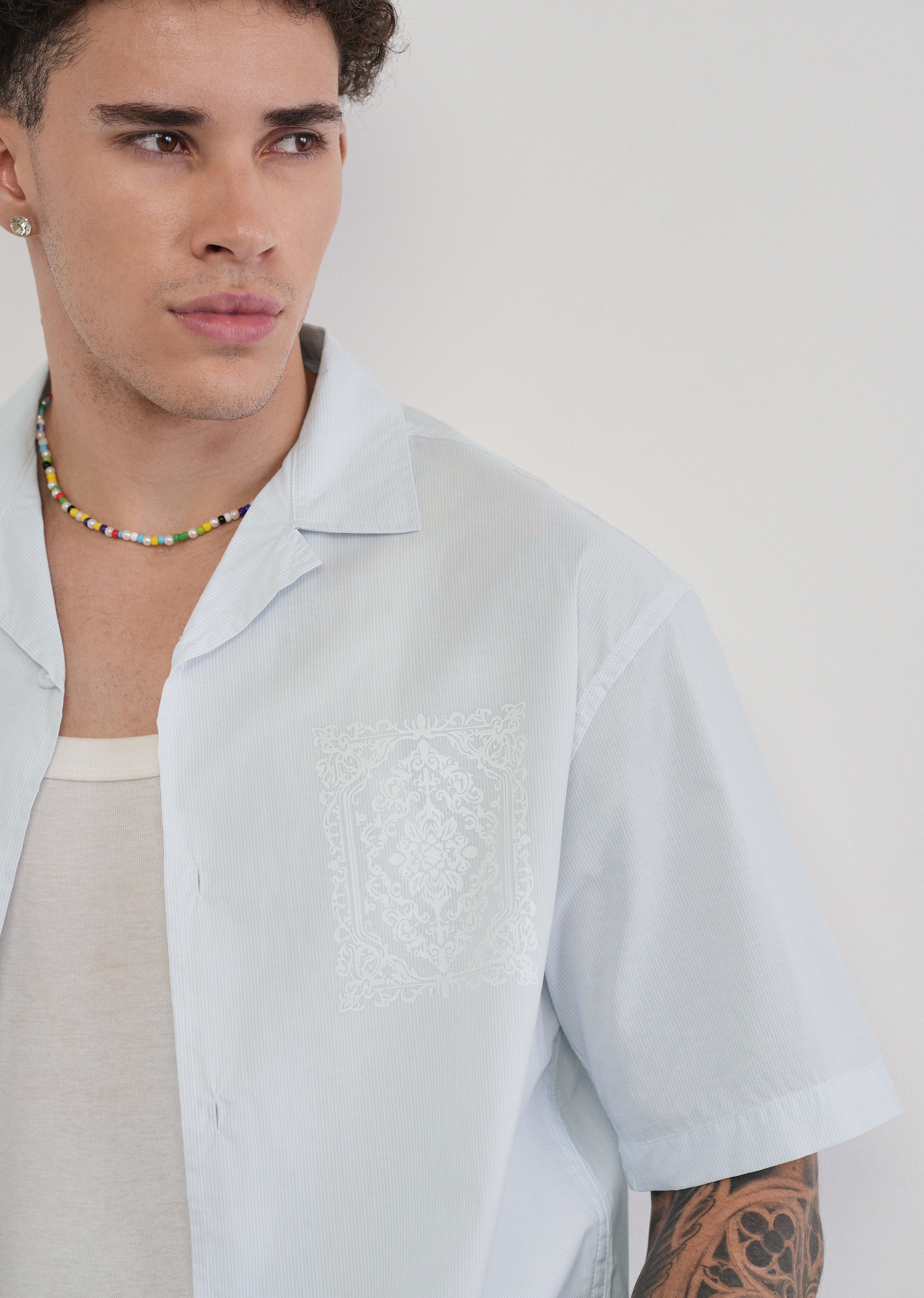 Light Blue Printed Cotton Stripe Shirt