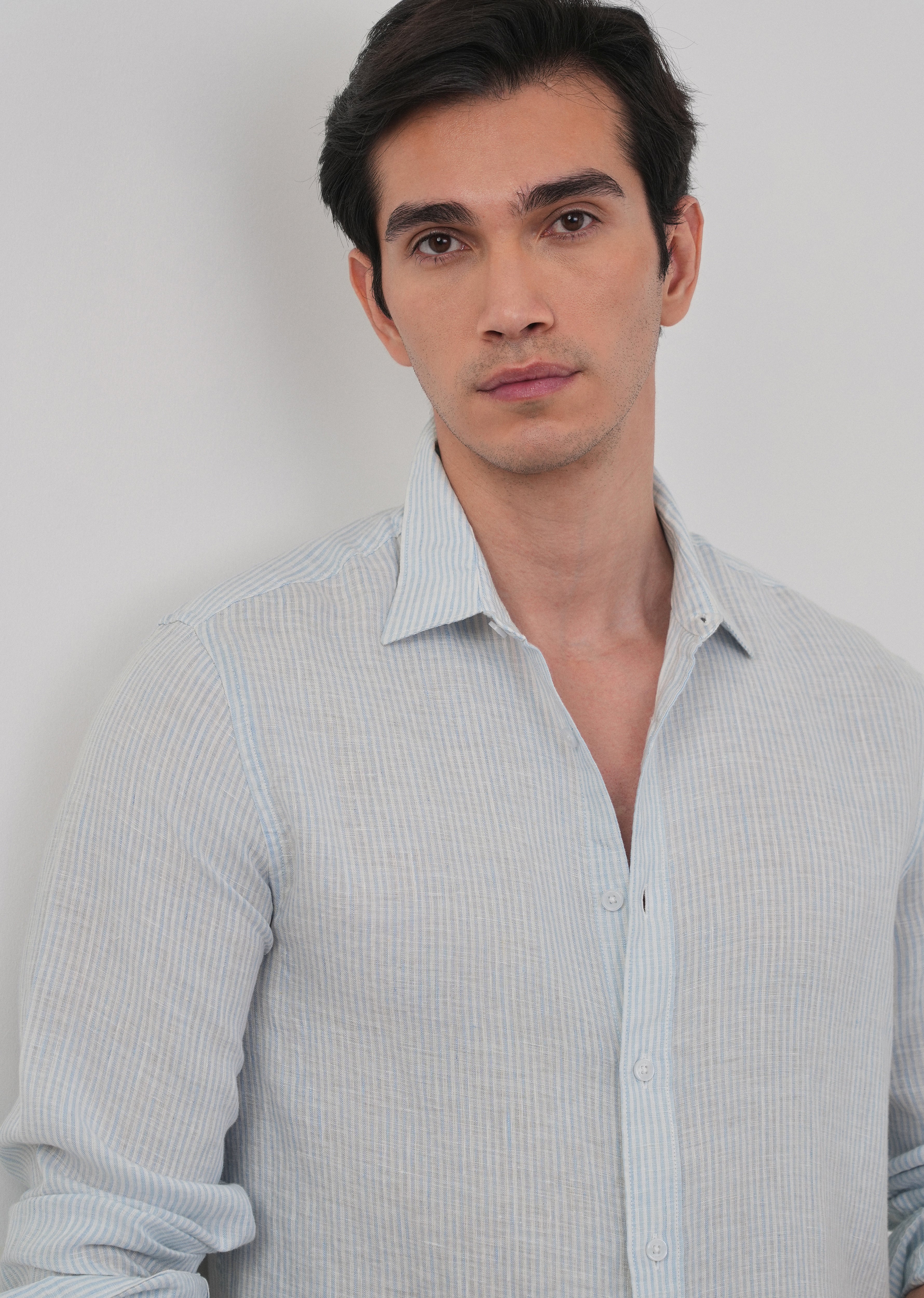 100% Linen Light Blue Self-Stripe Shirt