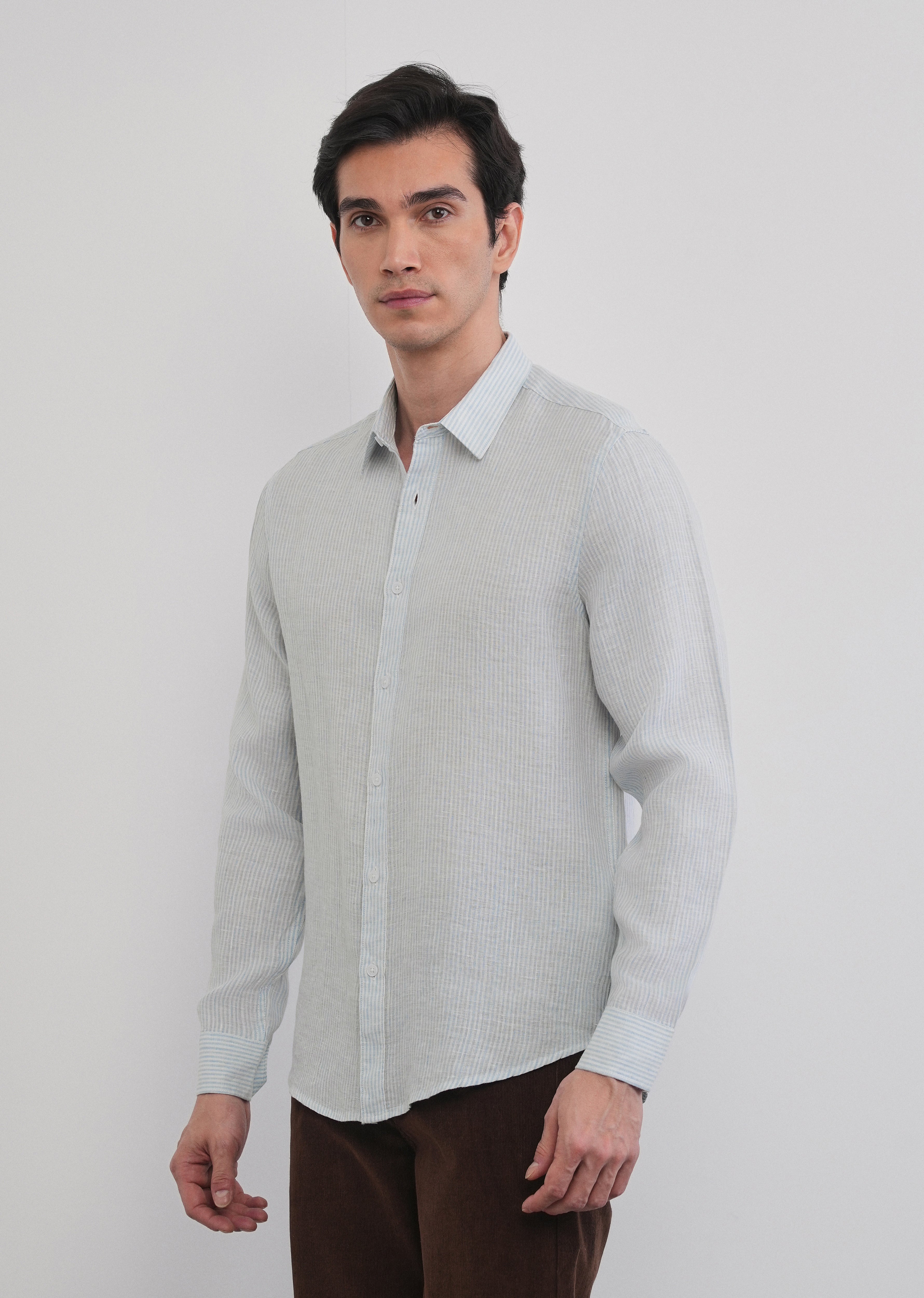 100% Linen Light Blue Self-Stripe Shirt