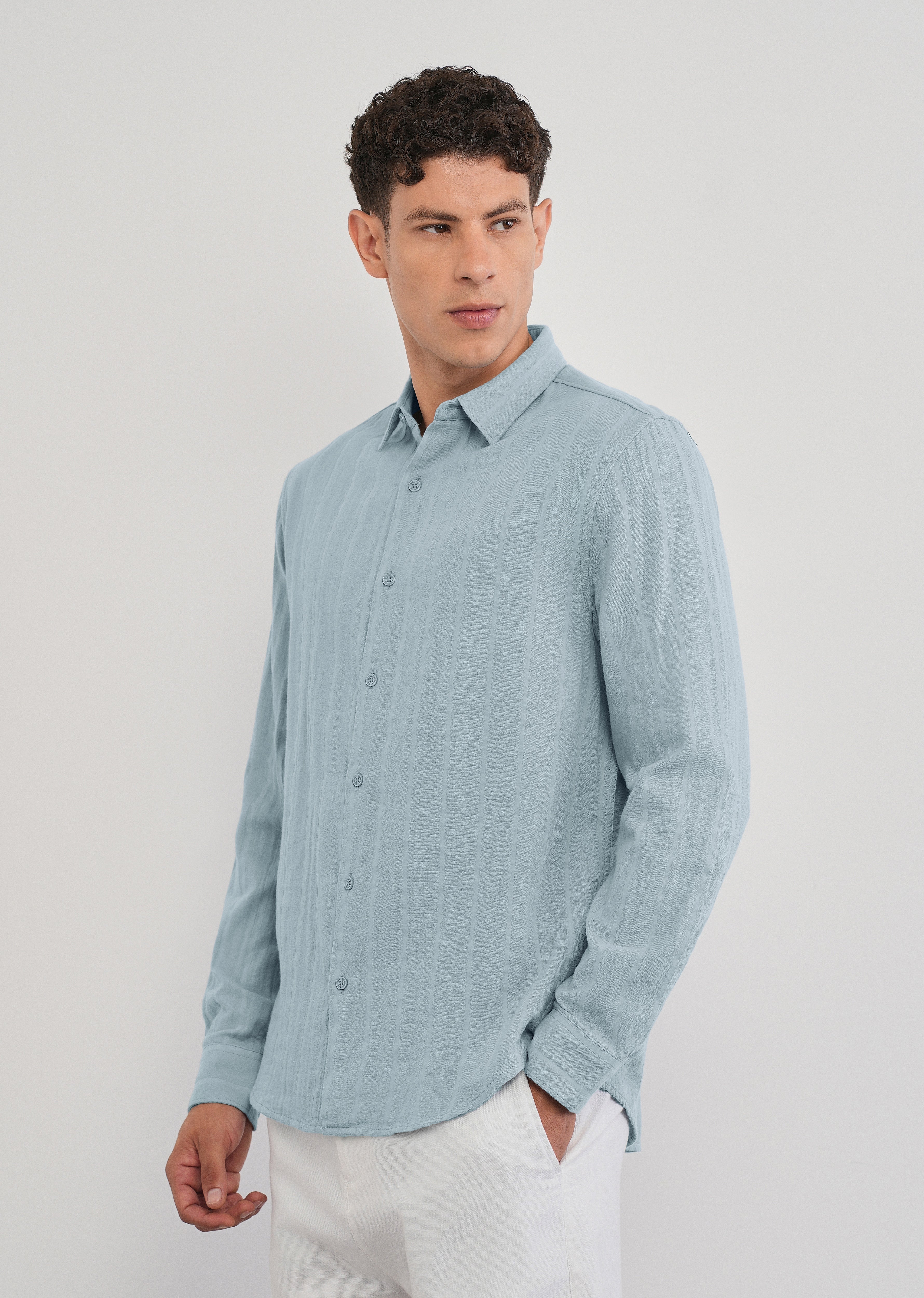 Light Blue Self Striped Cotton Shirt