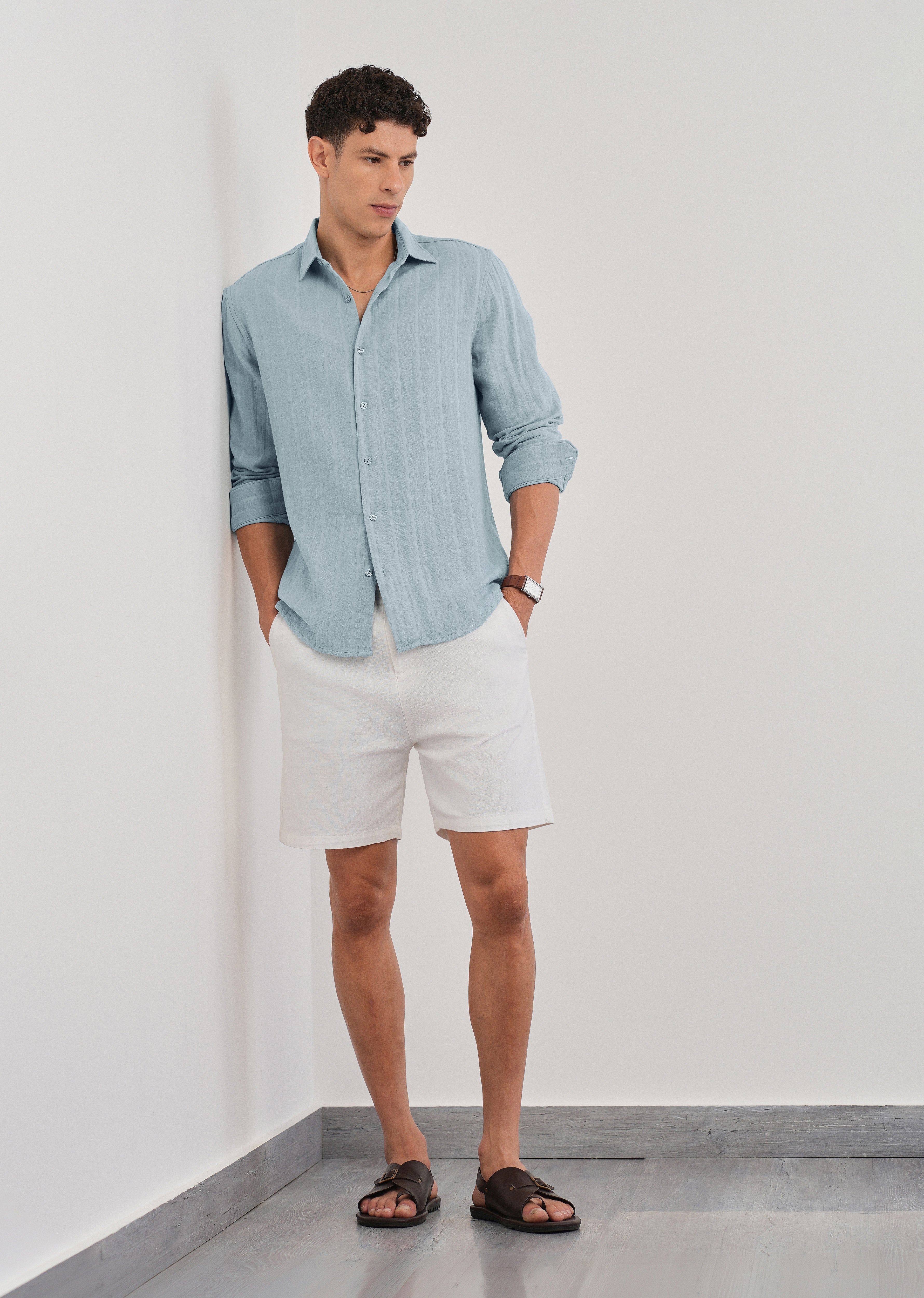 Light Blue Self Striped Cotton Shirt