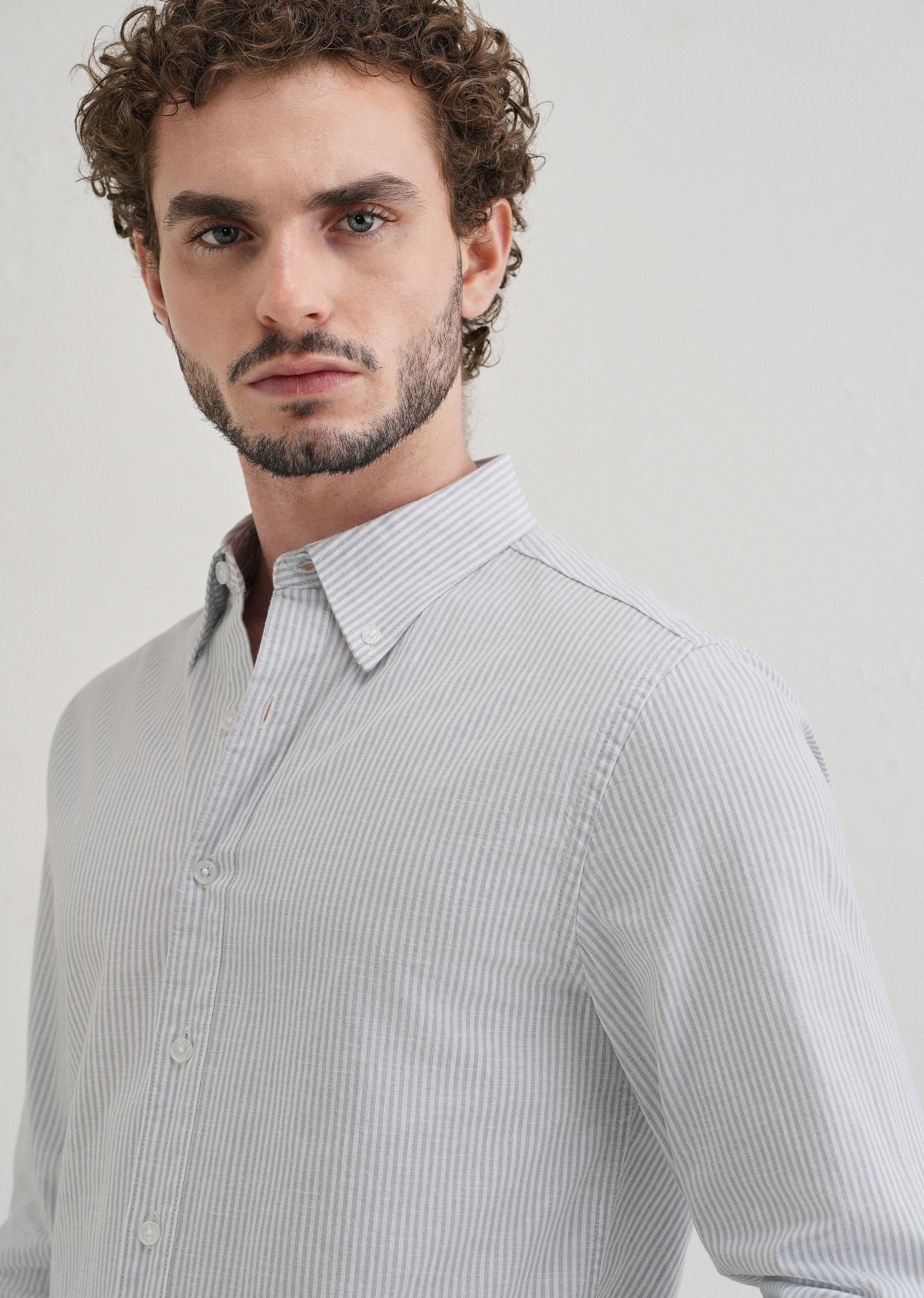 Light Blue Striped Cotton Linen Shirt