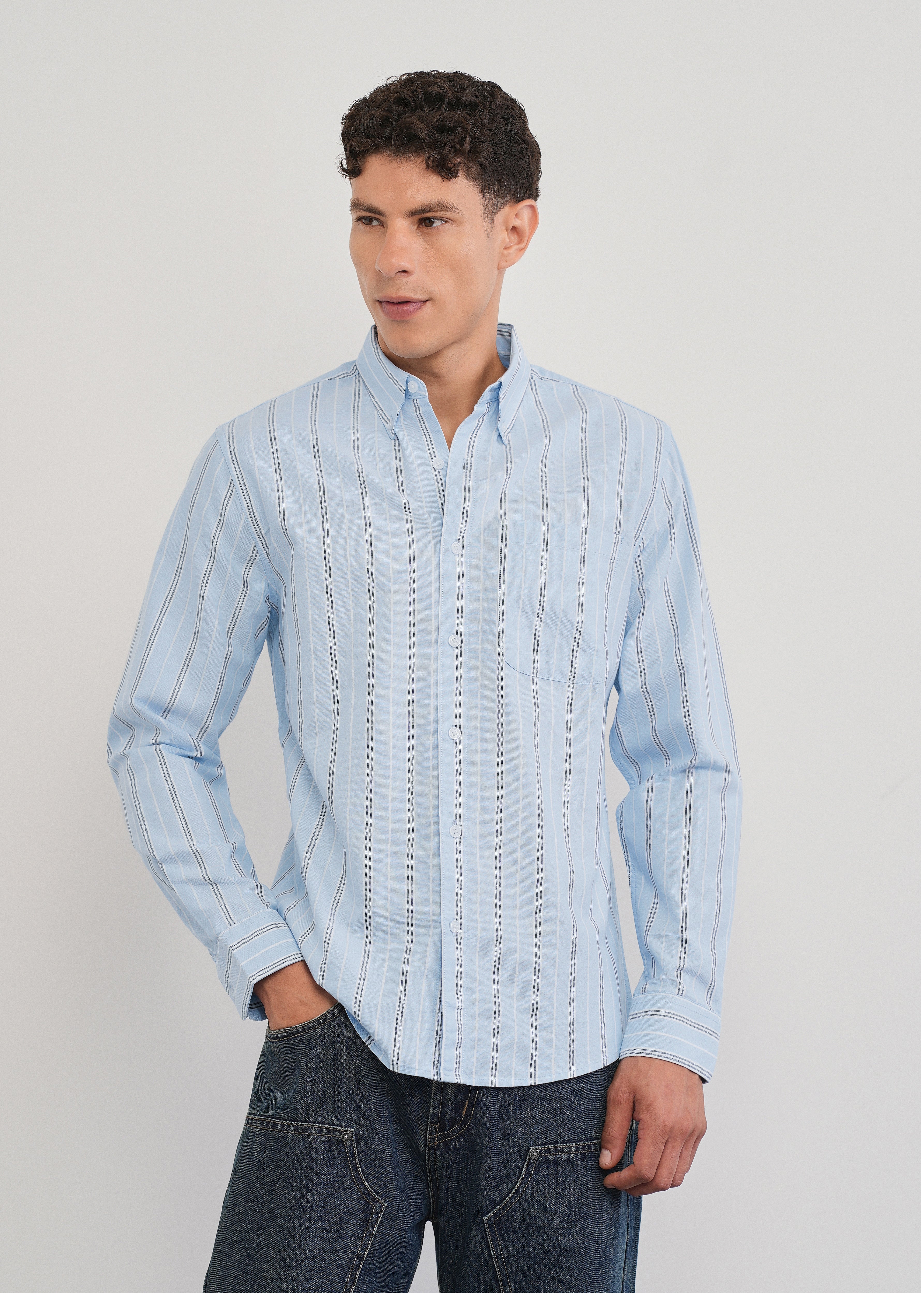 Light Blue Vertical Striped Cotton Shirt