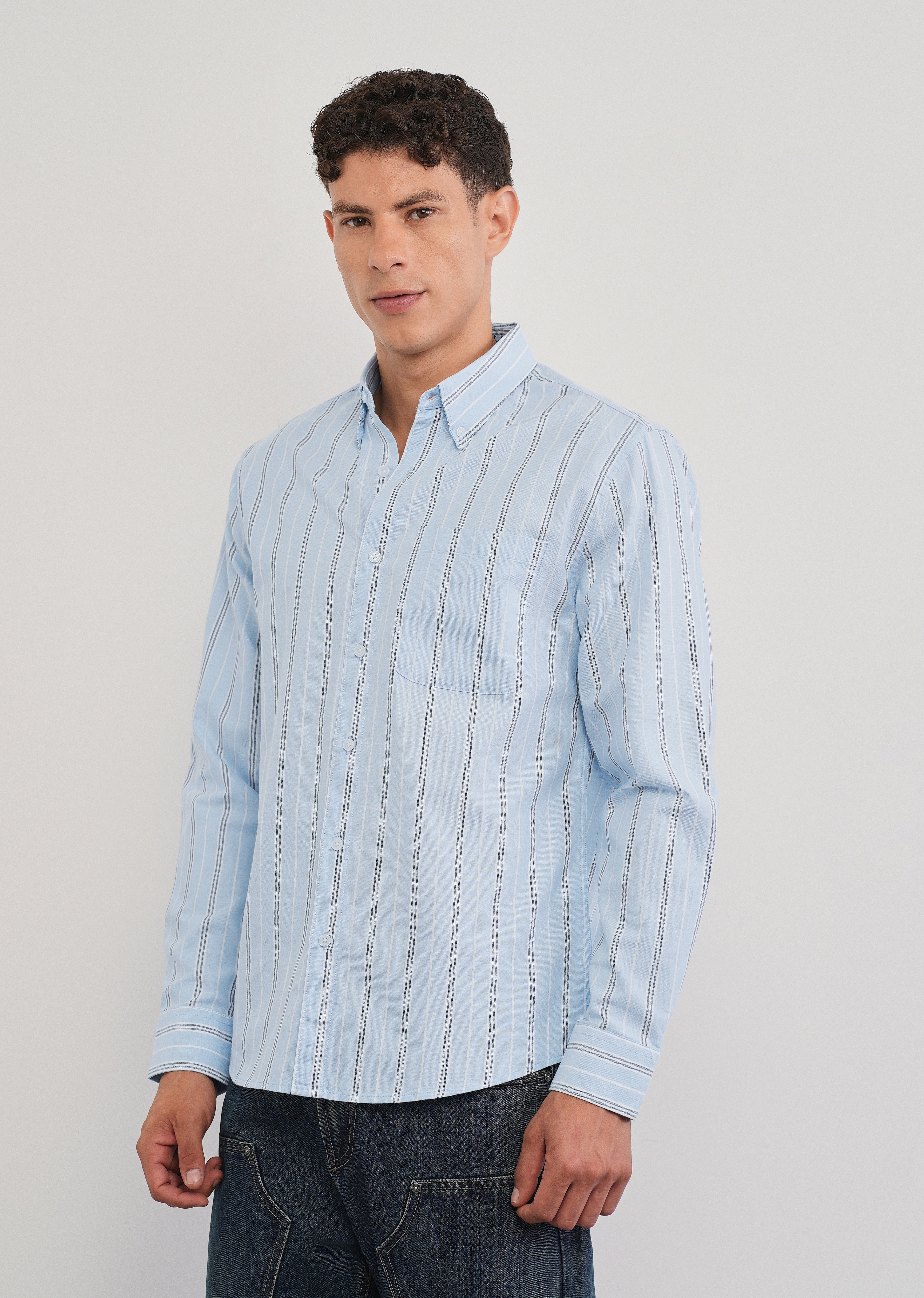 Light Blue Vertical Striped Cotton Shirt