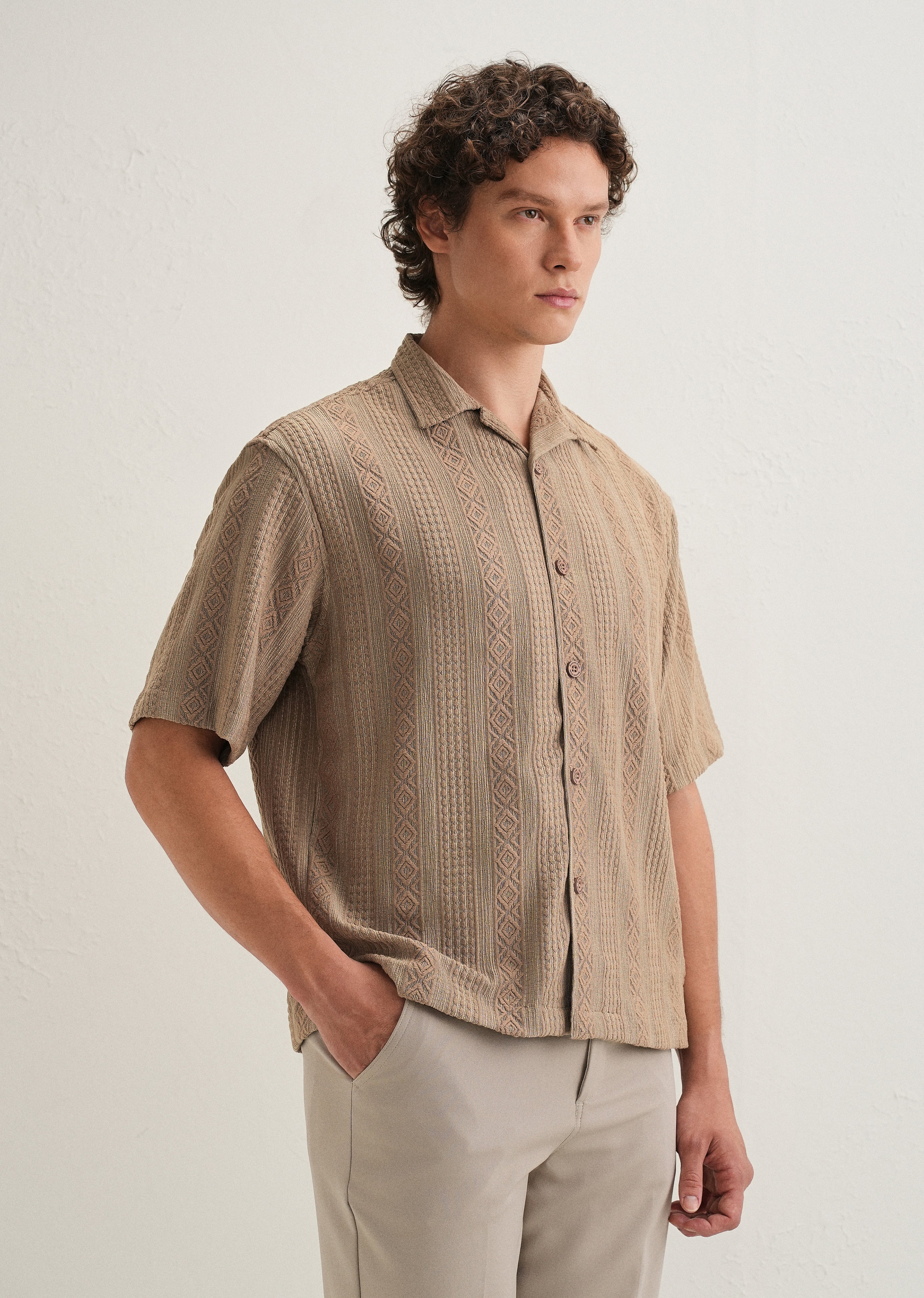 Light Brown Geometric Textured Shirt