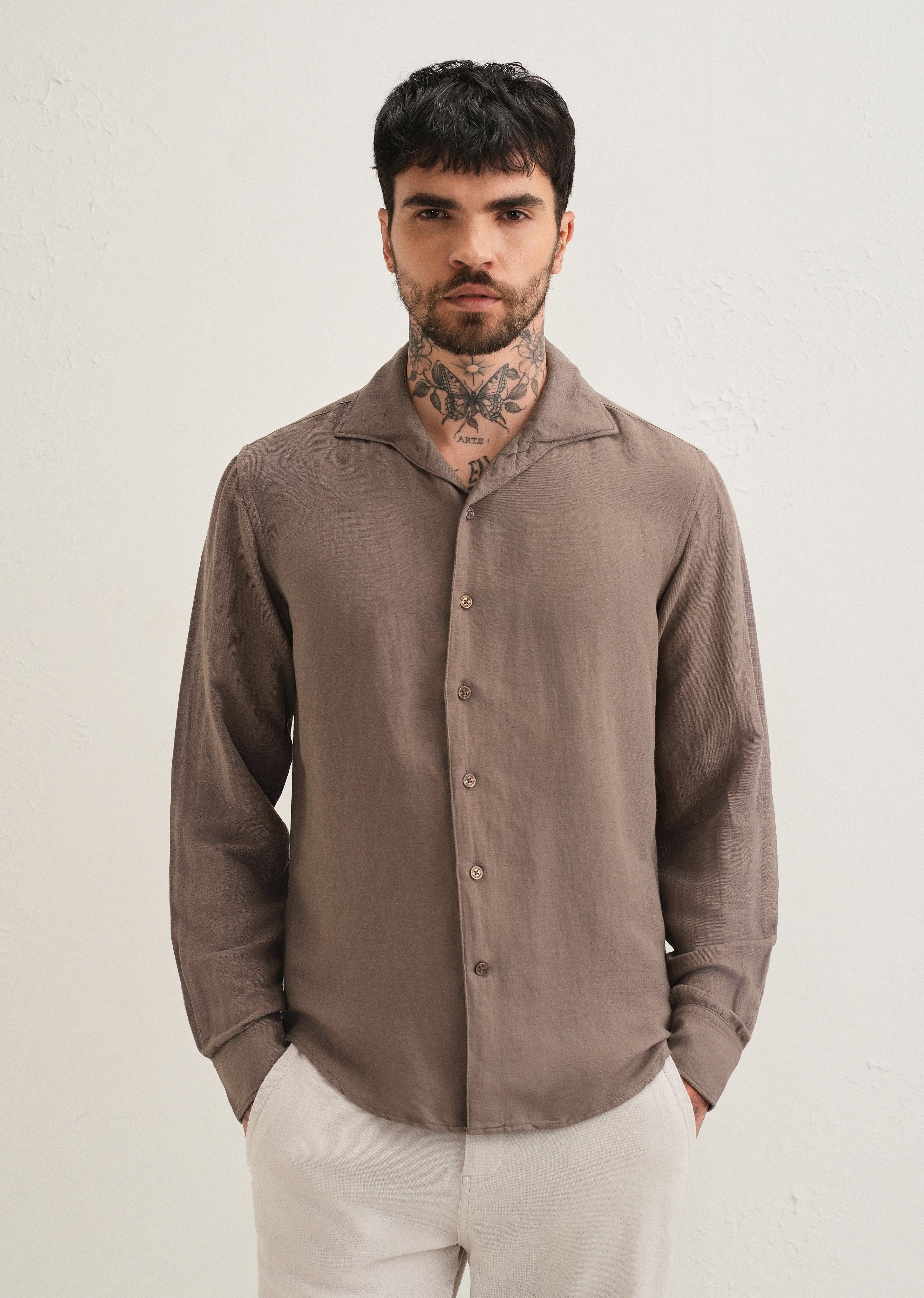 Light Brown Plain Linen Viscose Shirt