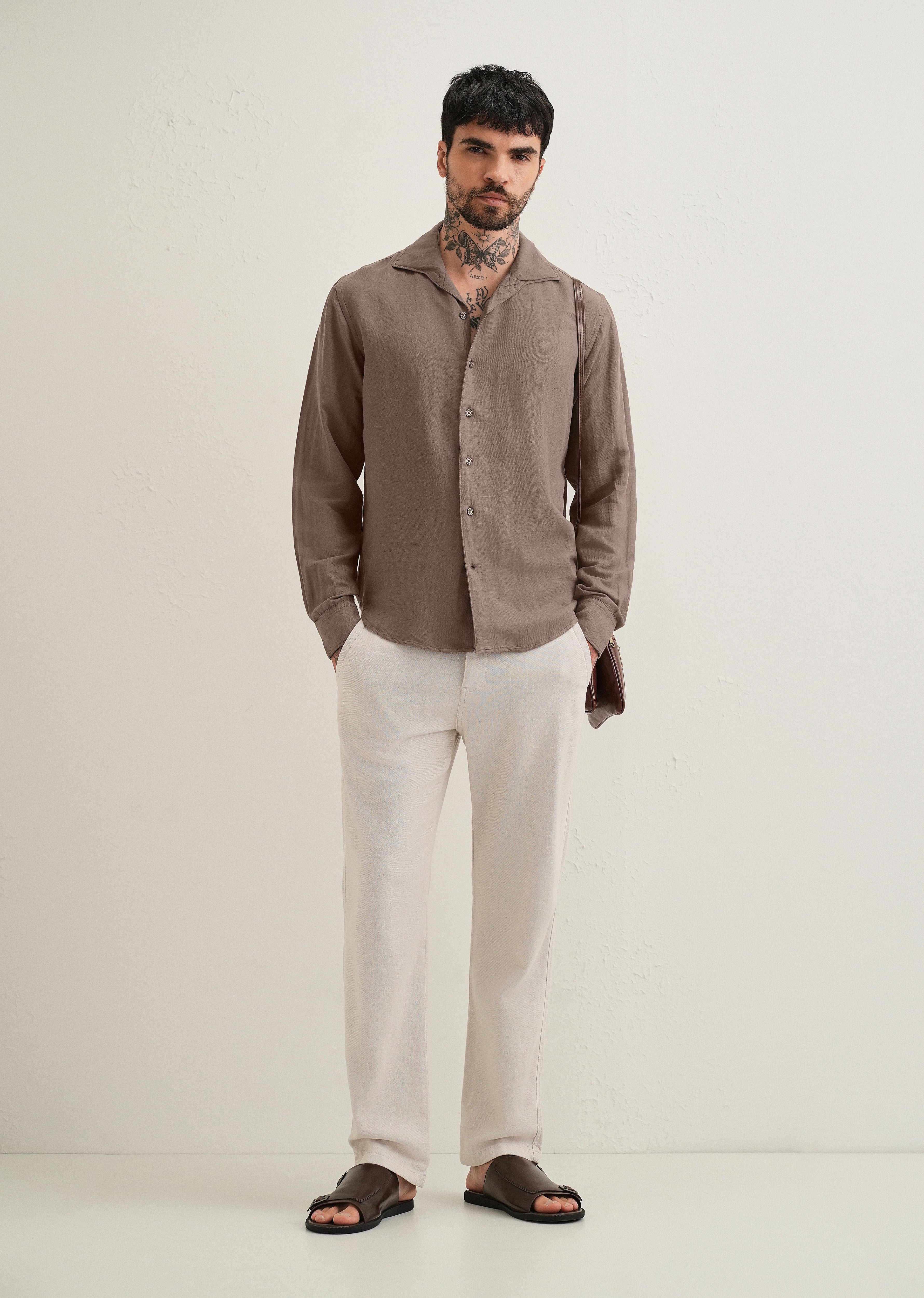 Light Brown Plain Linen Viscose Shirt
