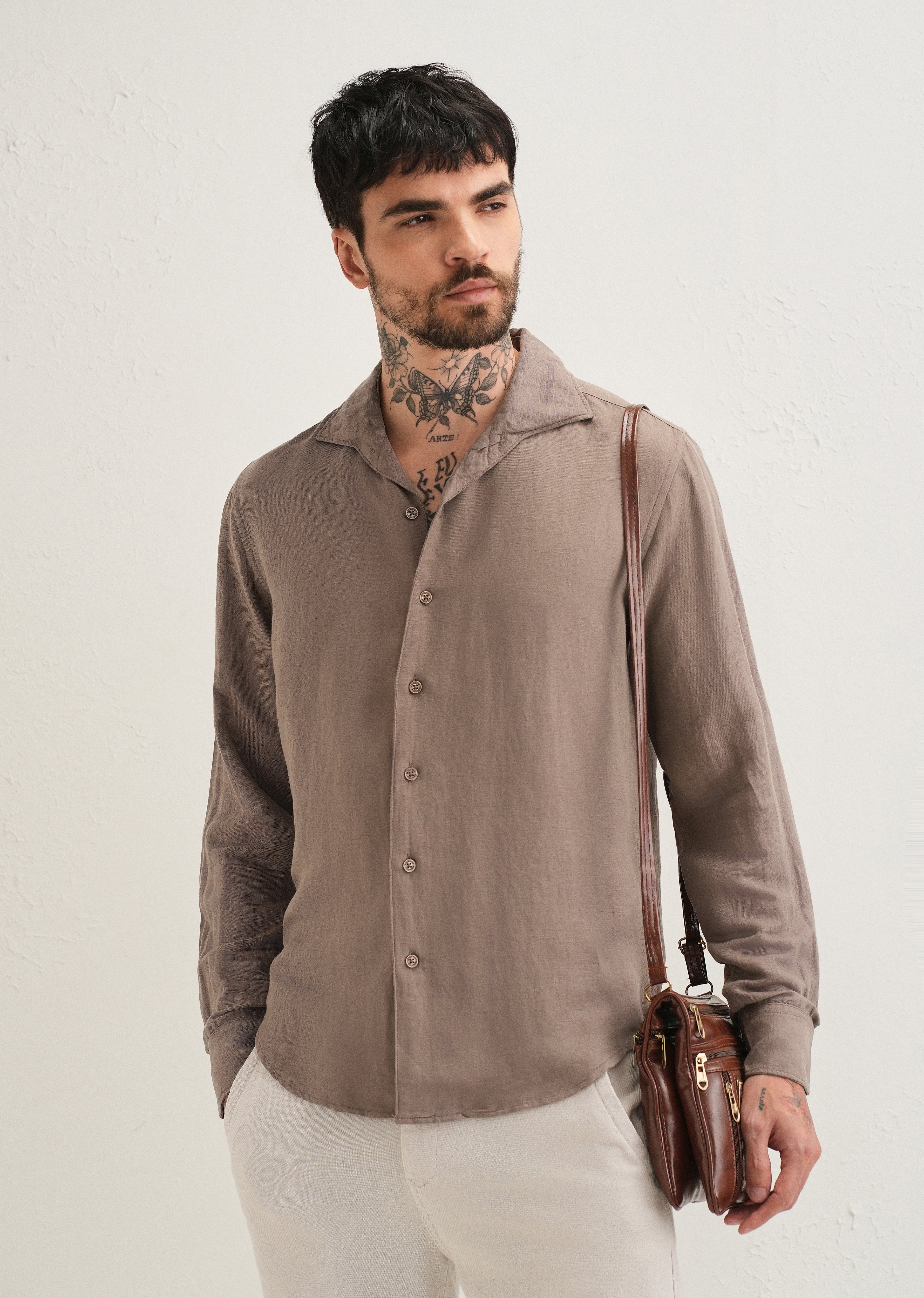 Light Brown Plain Linen Viscose Shirt