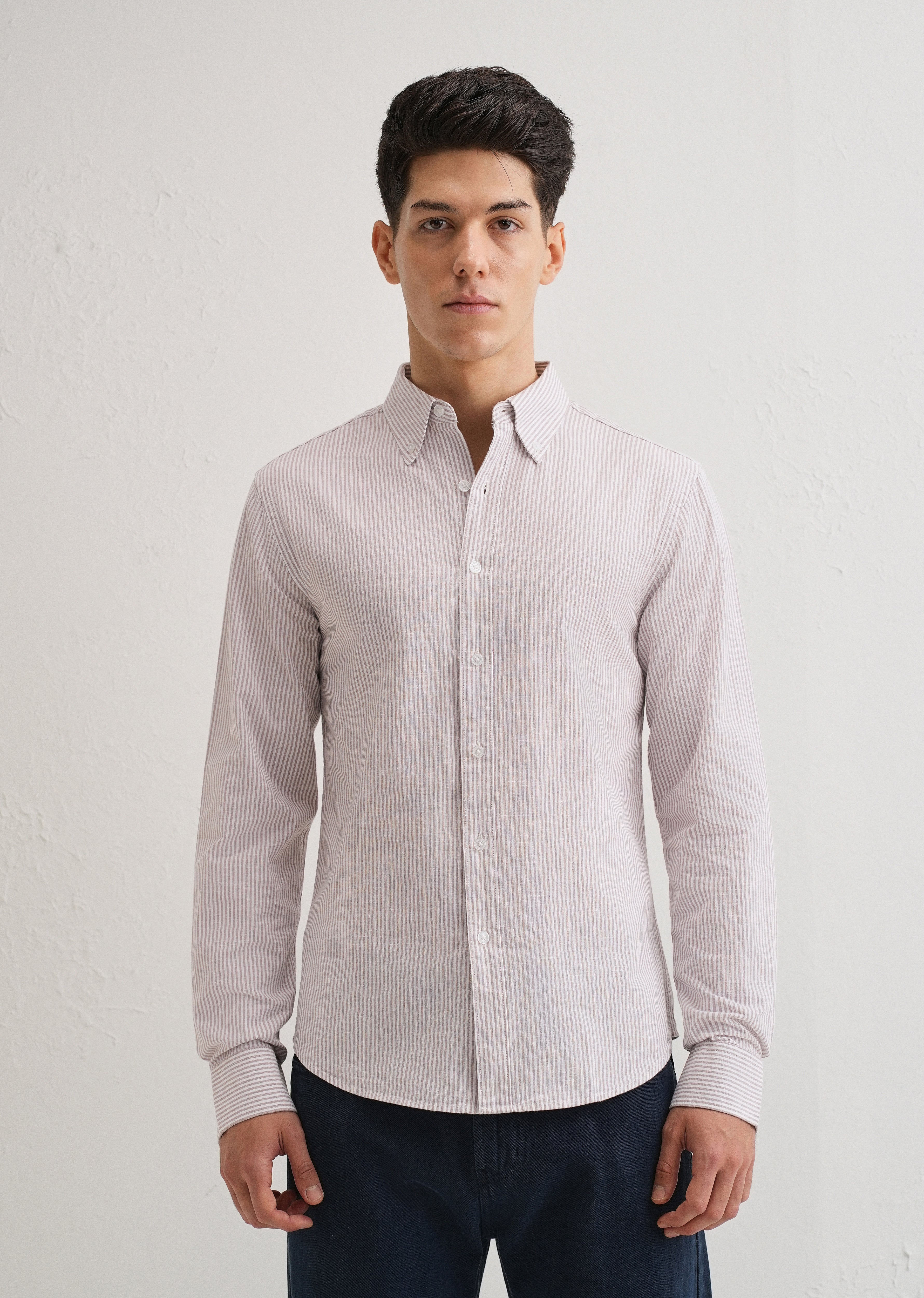 Light Brown Striped Cotton Linen Shirt