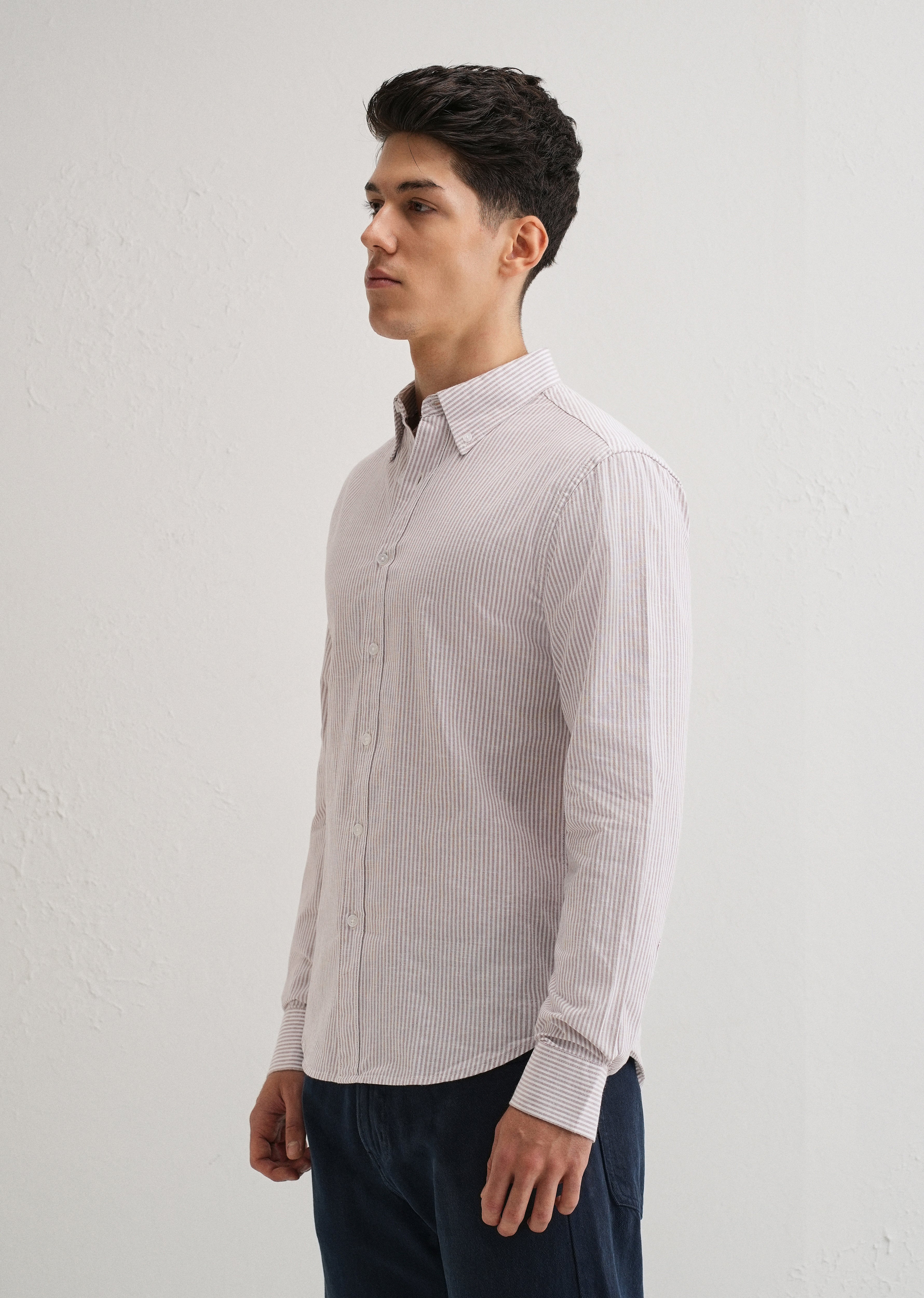 Light Brown Striped Cotton Linen Shirt