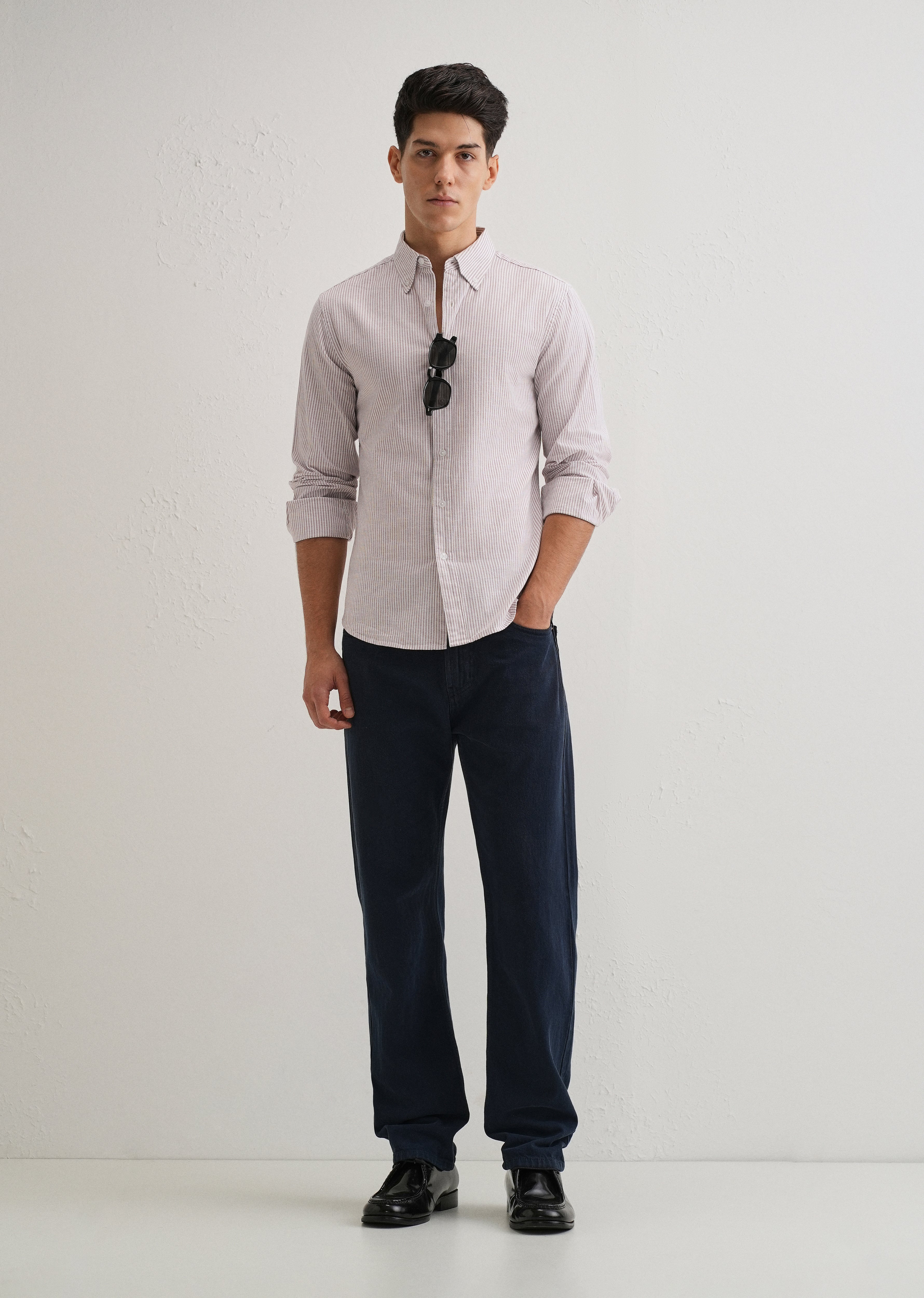 Light Brown Striped Cotton Linen Shirt