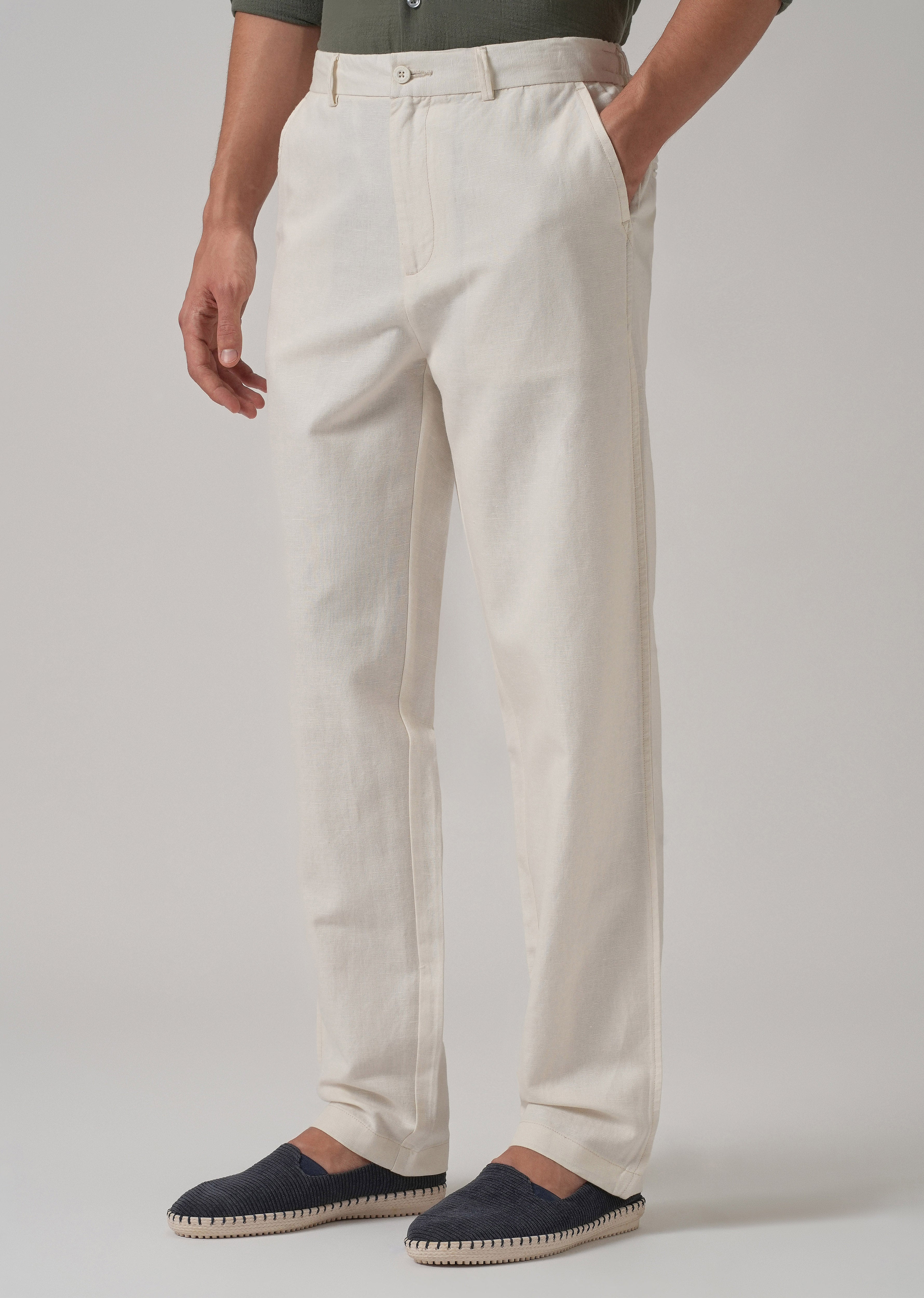Light Cream Linen Relaxed Fit Trouser
