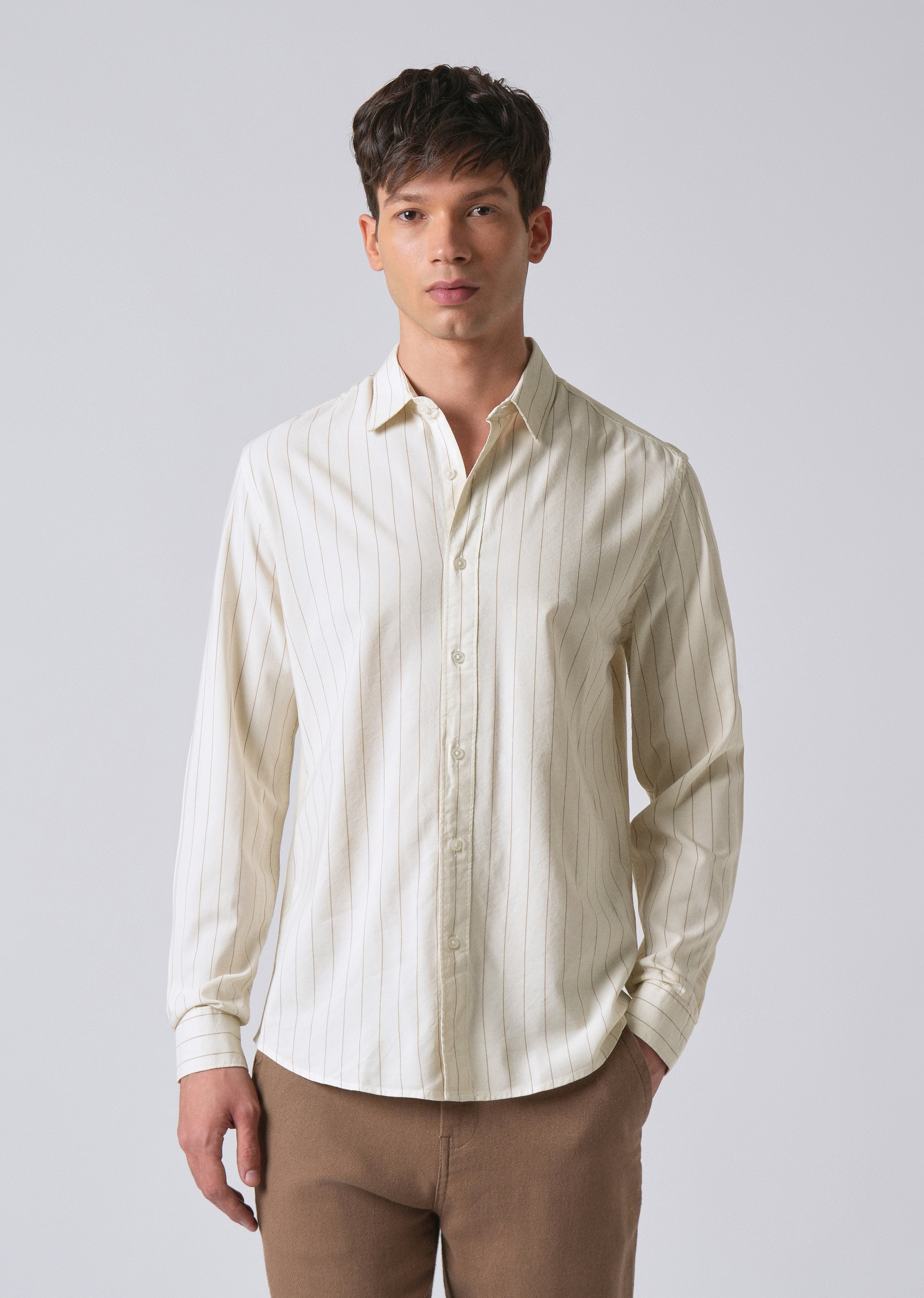 Light Cream Collar Embroidery Stripe Shirt