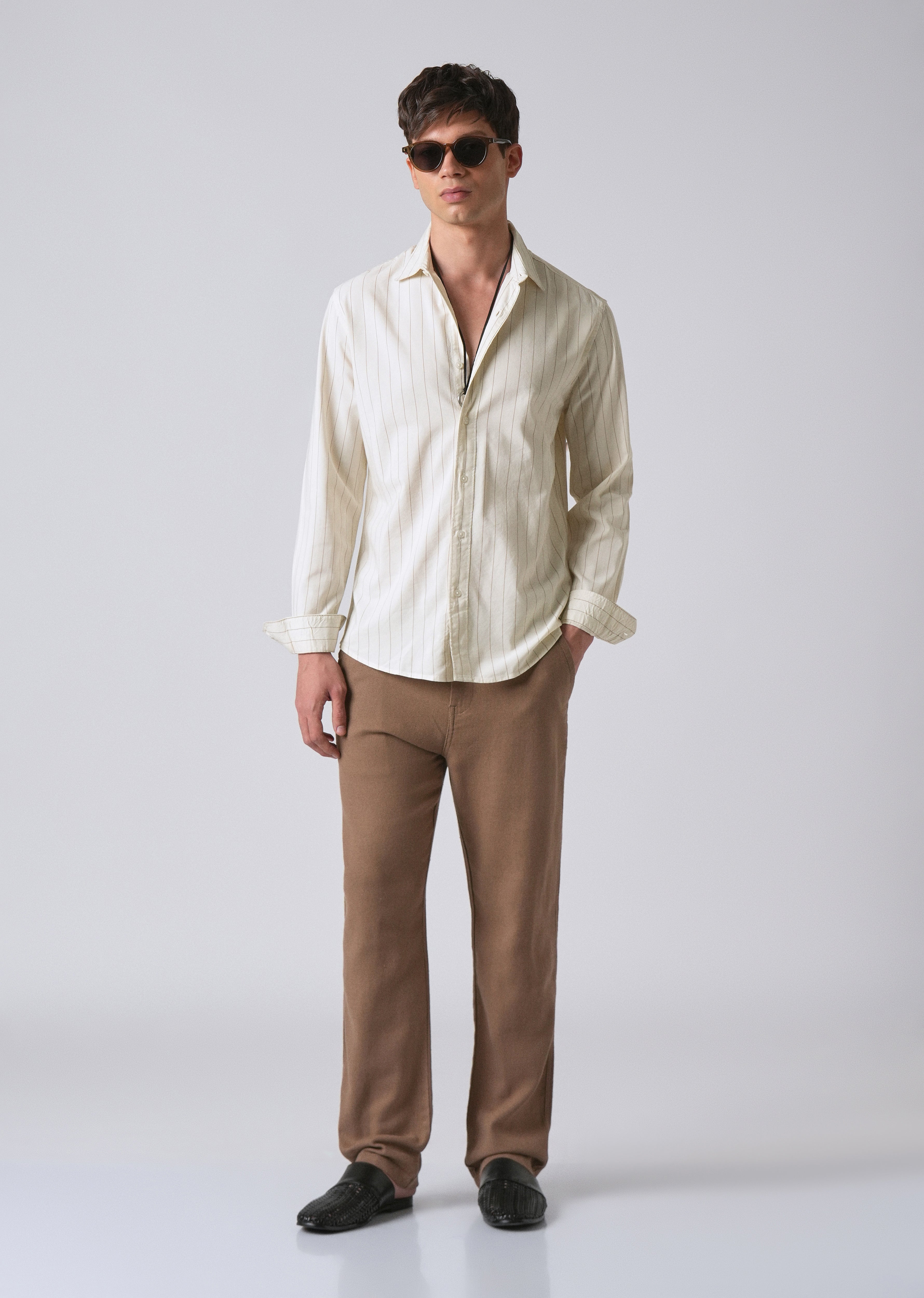 Light Cream Collar Embroidery Stripe Shirt