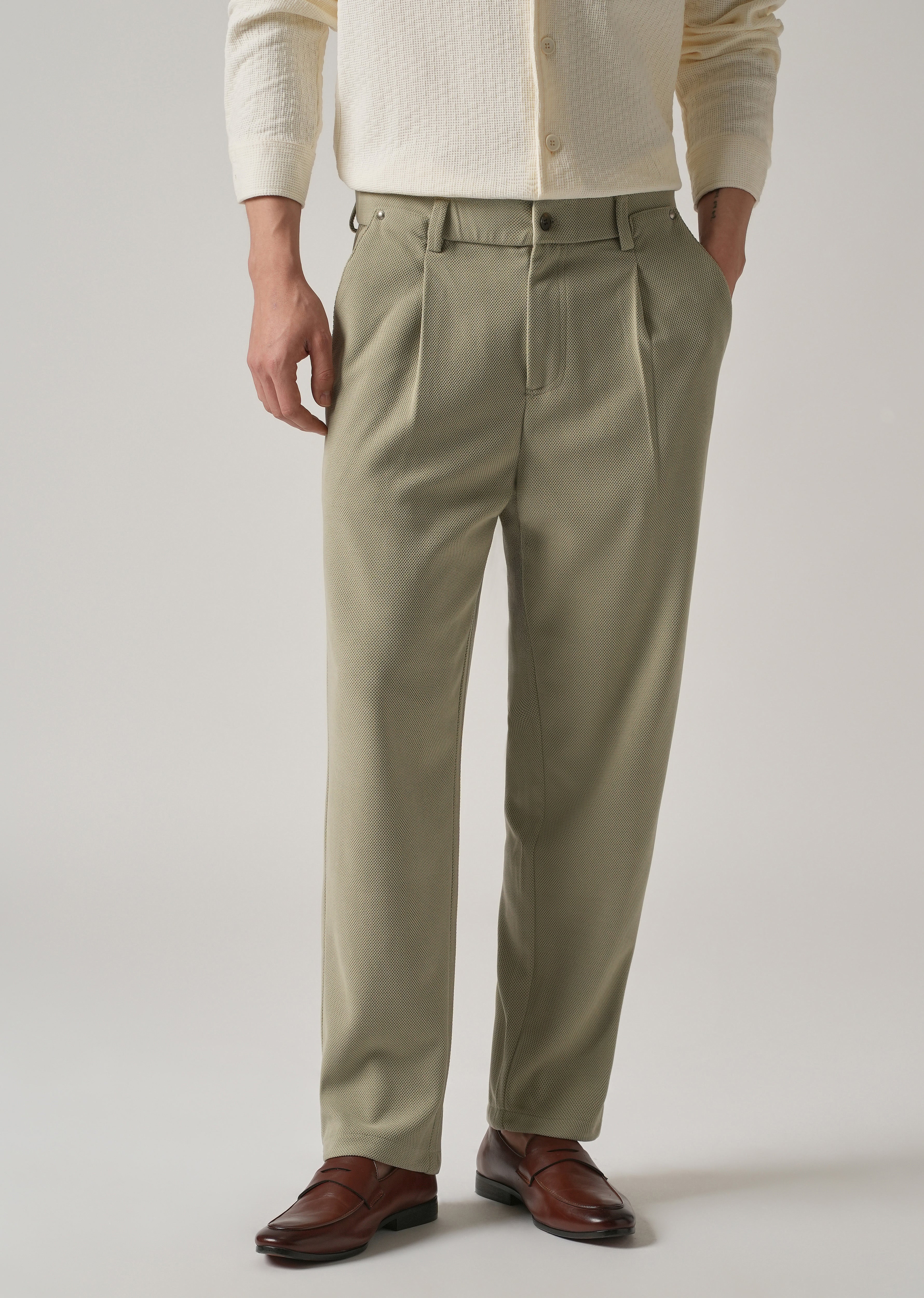 Light Green Textured Pleated Relaxed Fit Pant